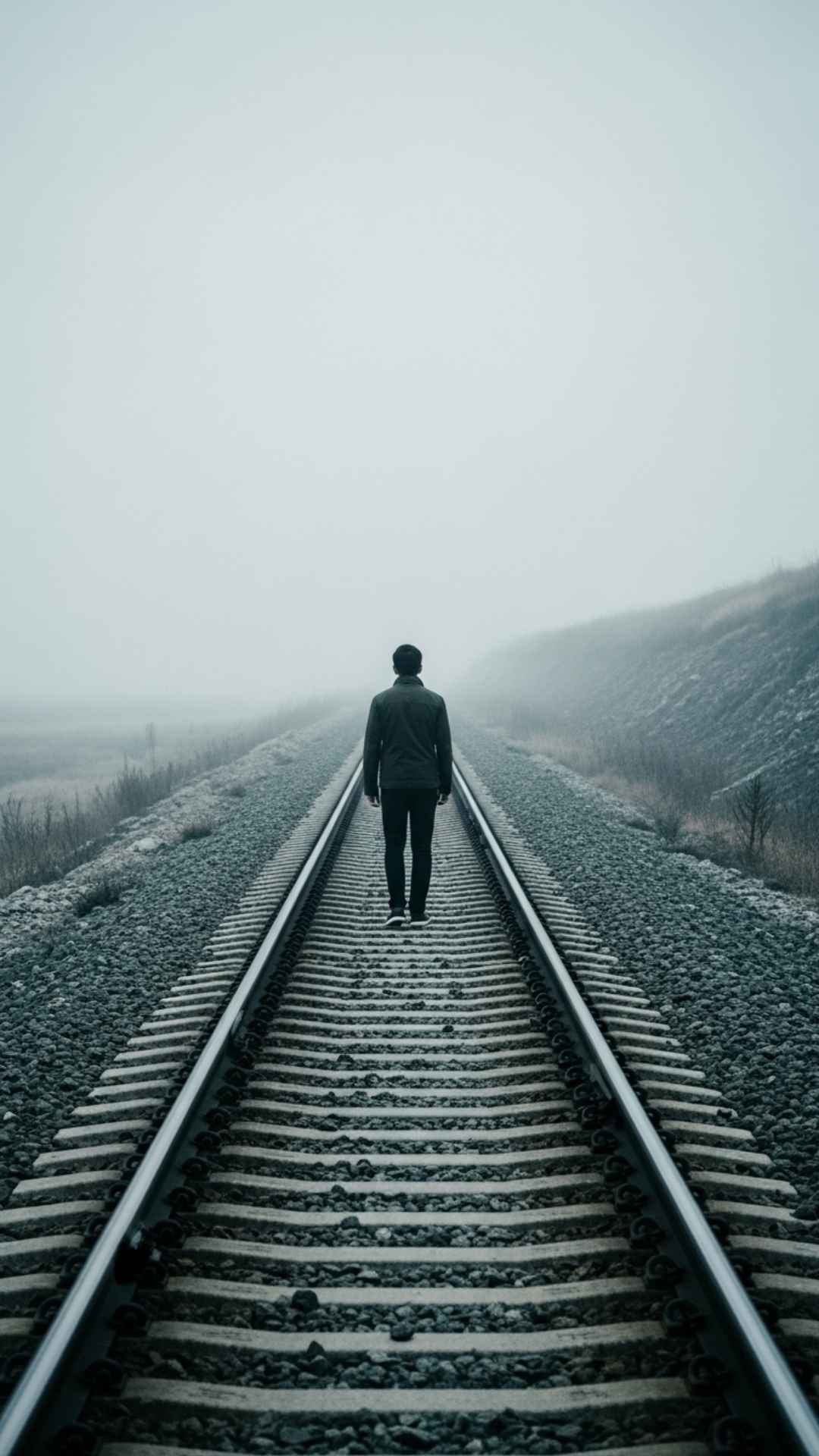 Alone DP of a boy walking away on empty railway tracks into the fog
