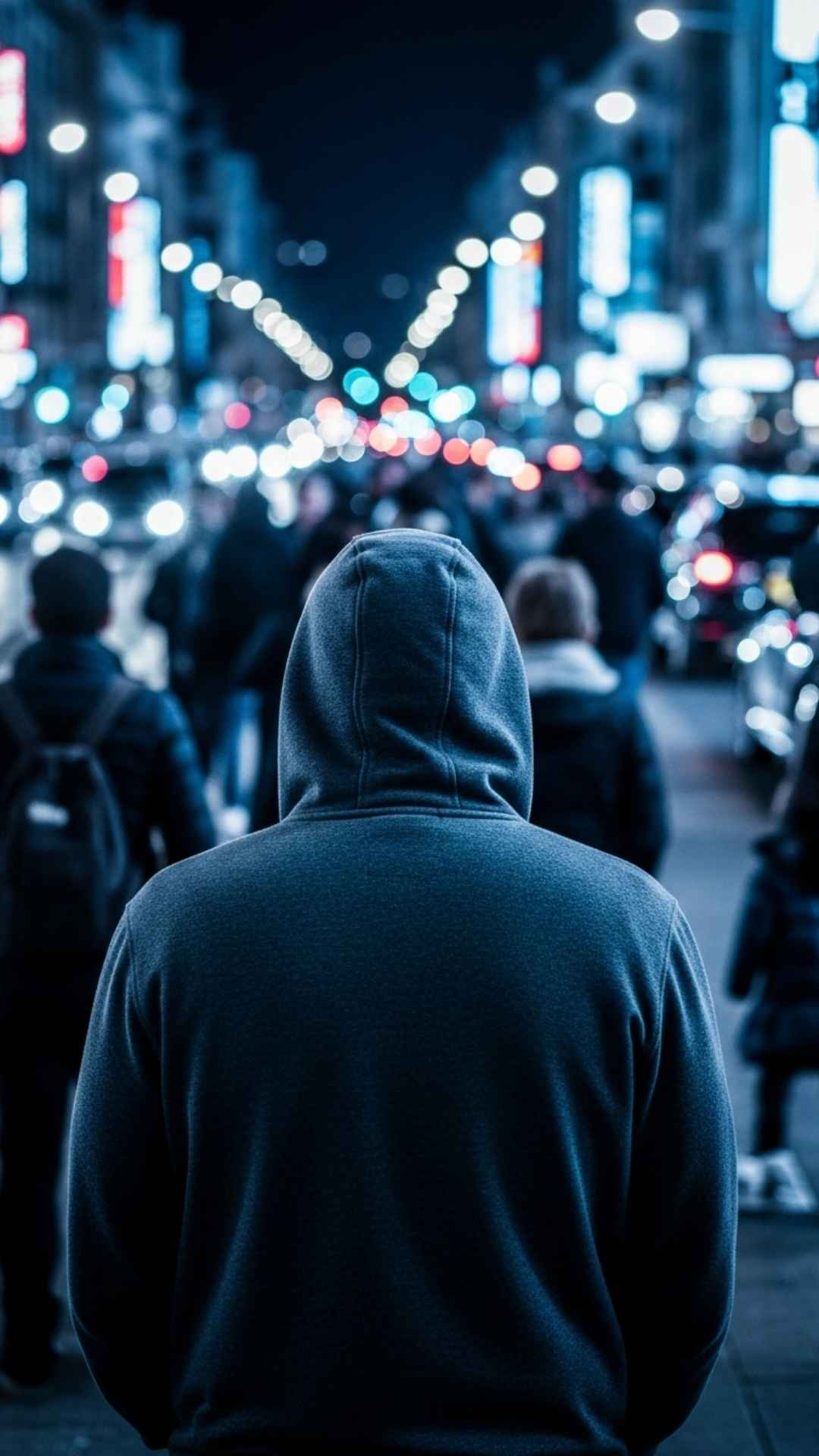A sad and alone DP of a hooded figure in a busy city, capturing the feeling of being lonely in a crowd.