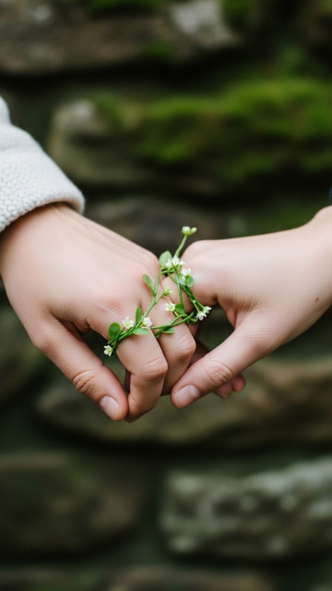 An artistic close-up of two hands clasped together with a delicate flowering vine woven around them, symbolizing a growing and natural love.