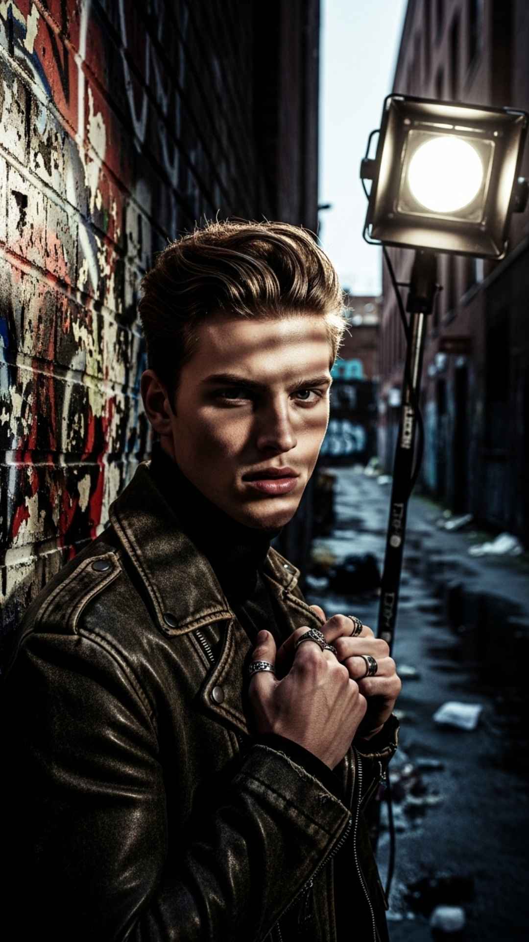 Edgy attitude DP for boys leaning on a graffiti wall in a city alley.