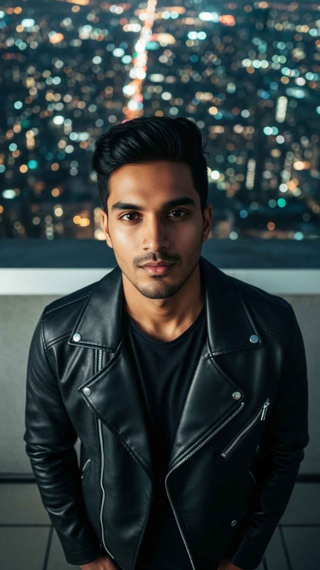 Attitude DP for boys showing a young man in a leather jacket on a city rooftop at night with a confident gaze