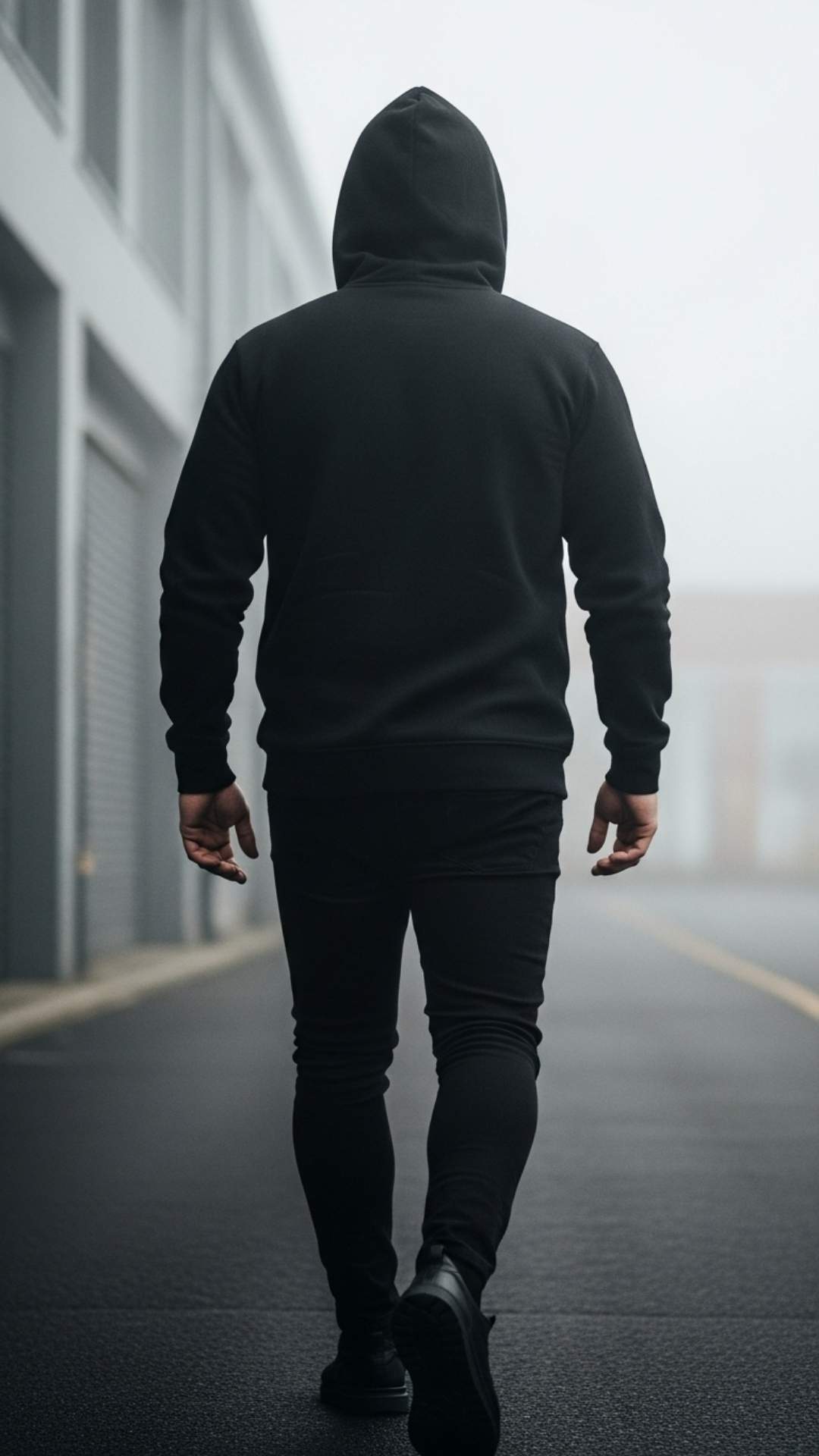 A monochromatic photo of a person walking away from the camera in an industrial area, with a black hoodie covering their face to represent a minimalist and anonymous attitude.
