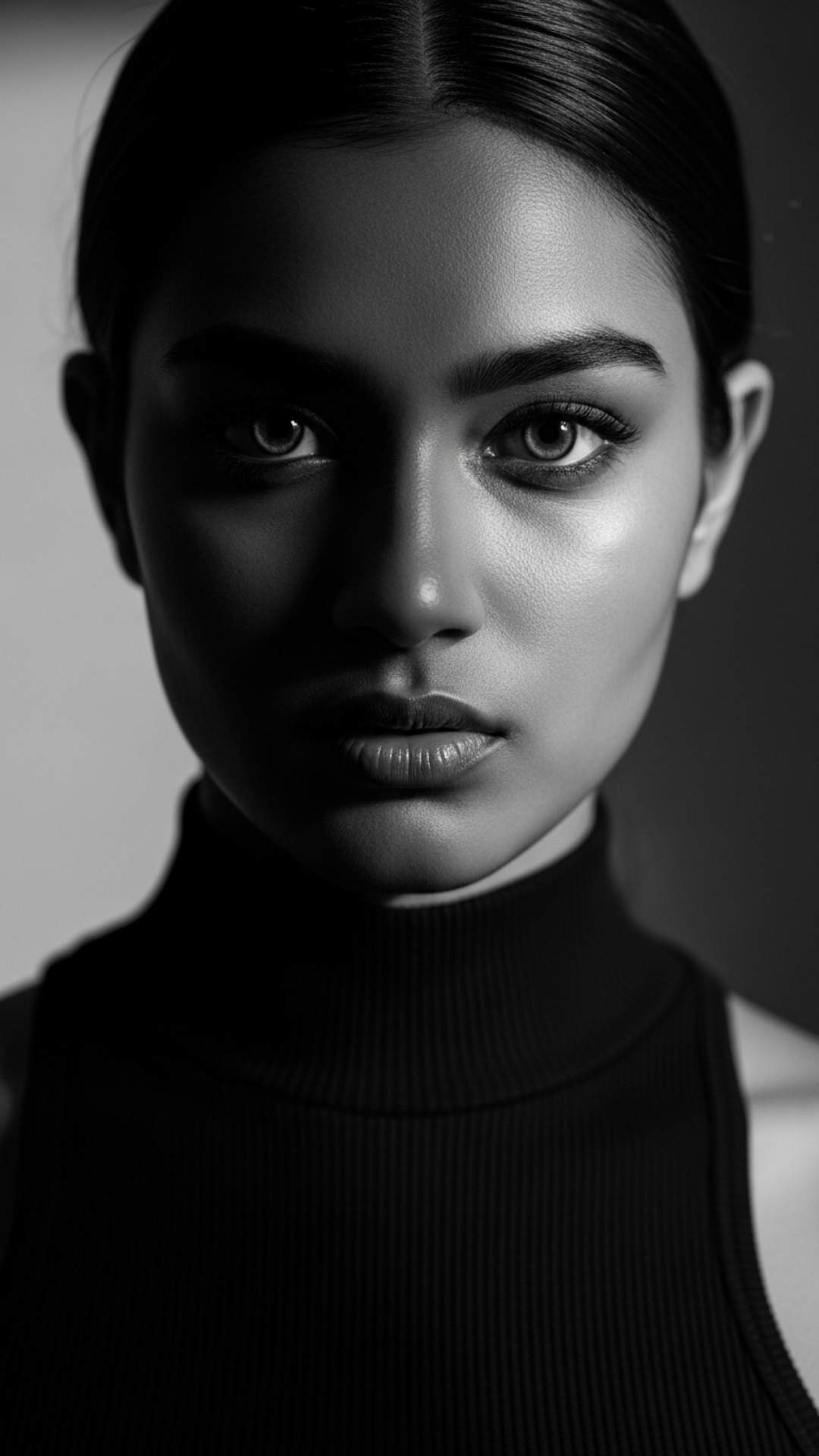 A powerful black and white close-up of a young Indian woman with a confident, direct gaze, perfect as a stylish attitude DP for girls.