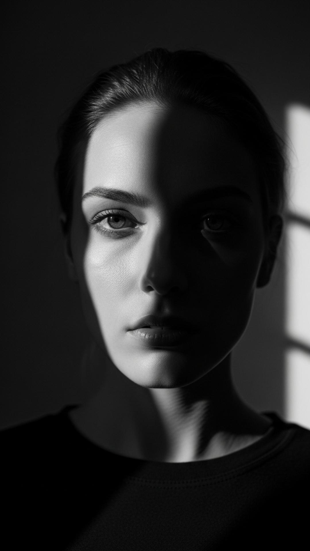 A high-contrast, black and white Attitude DP of a woman with dramatic side lighting, expressing confidence and emotional depth - Attitude DP for Girls | Majekfilms.com