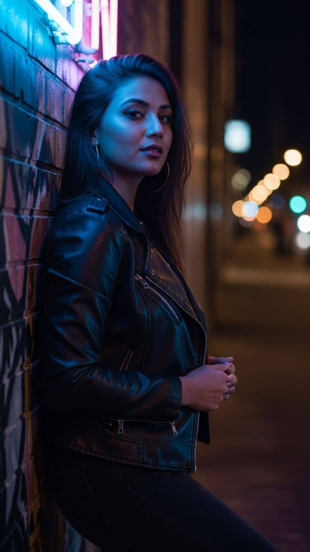 A stylish girl in a leather jacket showing attitude under neon city lights, ideal for a cool and modern WhatsApp profile picture.