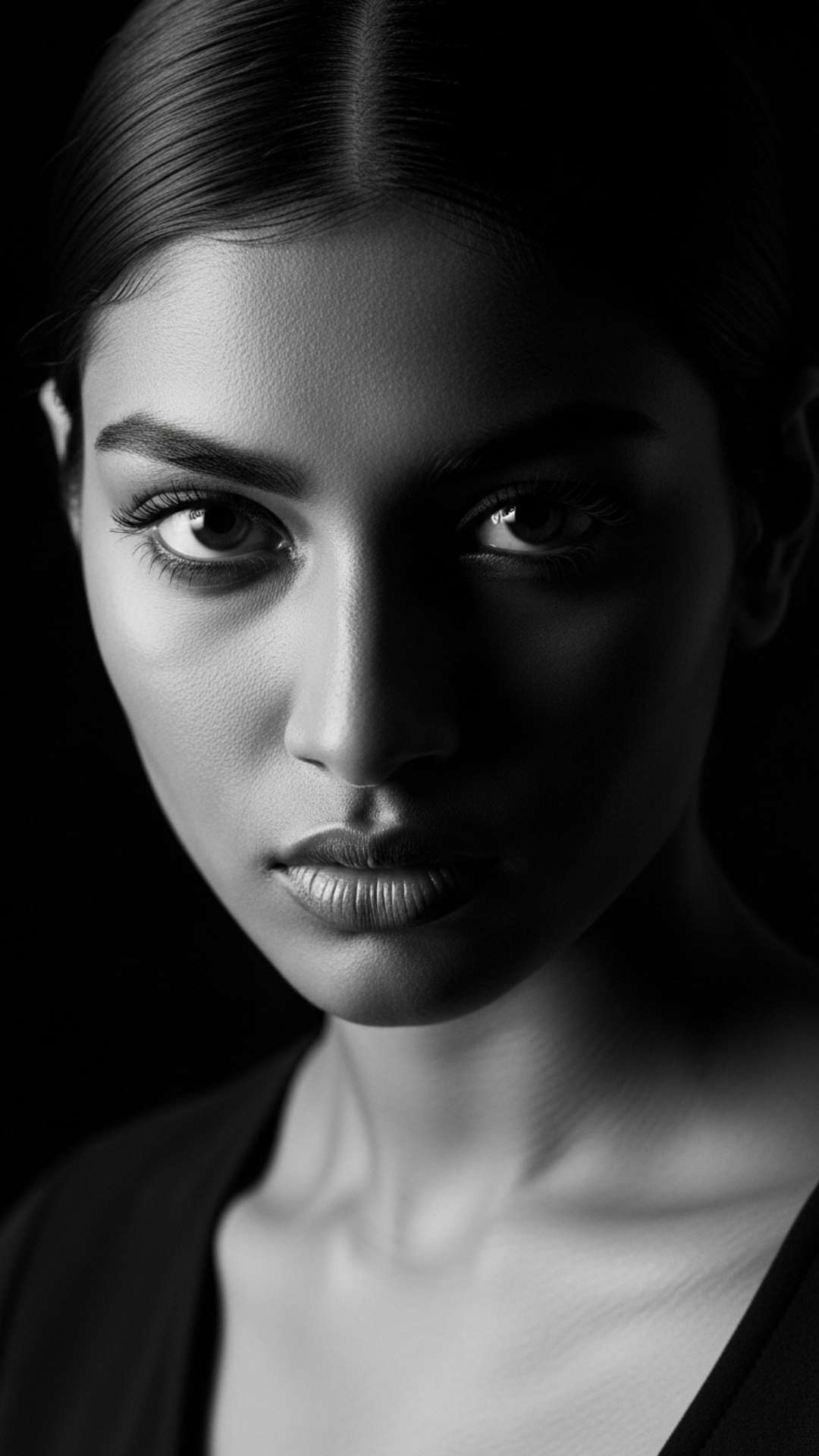 A striking black and white portrait of a girl with a powerful and confident gaze, embodying the perfect attitude DP for WhatsApp.