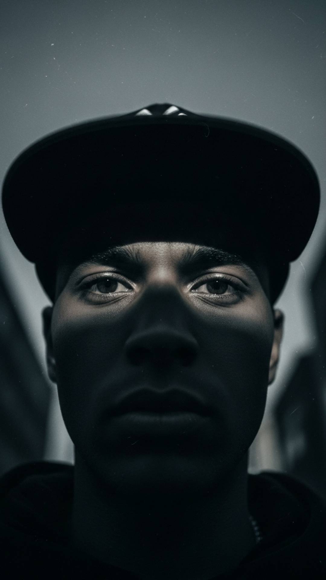 A close-up, low-angle shot of a person's eyes under the shadow of a cap, with a blurred night city background, creating a mysterious and powerful monochromatic attitude portrait