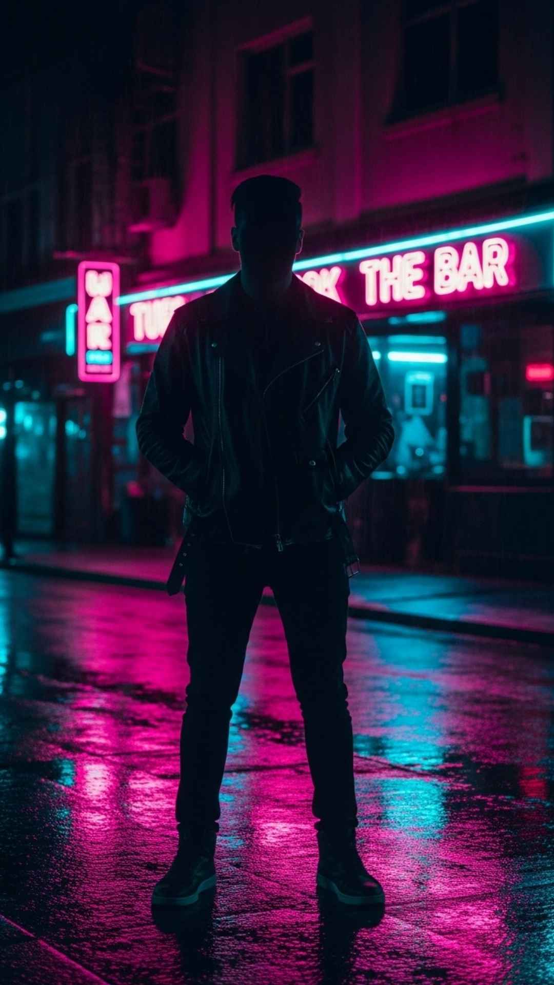 A dark silhouette of a person in a leather jacket standing on a neon-lit, wet city street at night, capturing a mysterious and confident urban attitude