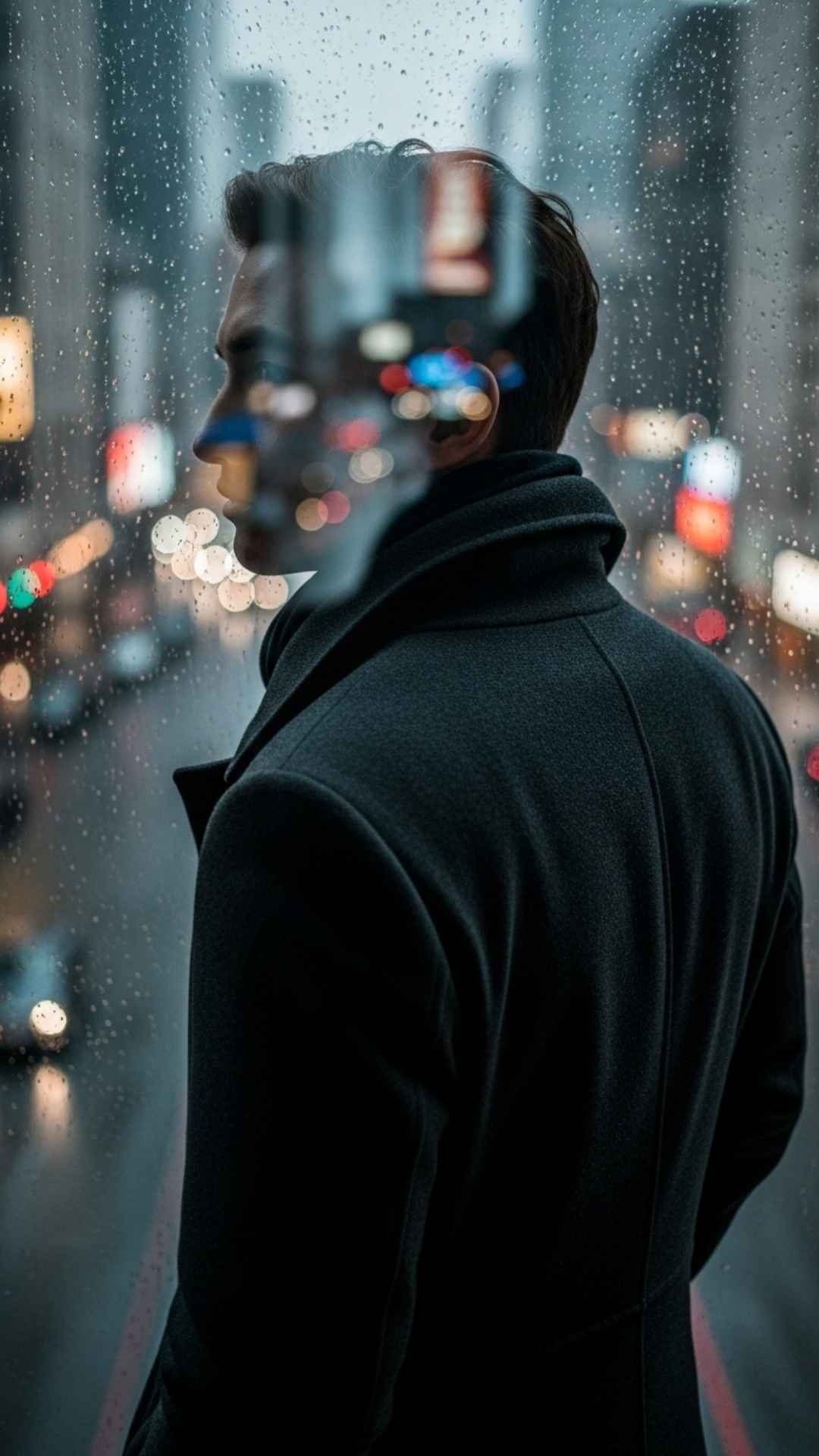 A person seen from behind, looking out a rain-streaked window at city lights, with their face hidden by reflections, creating a mysterious and introspective attitude portrait.