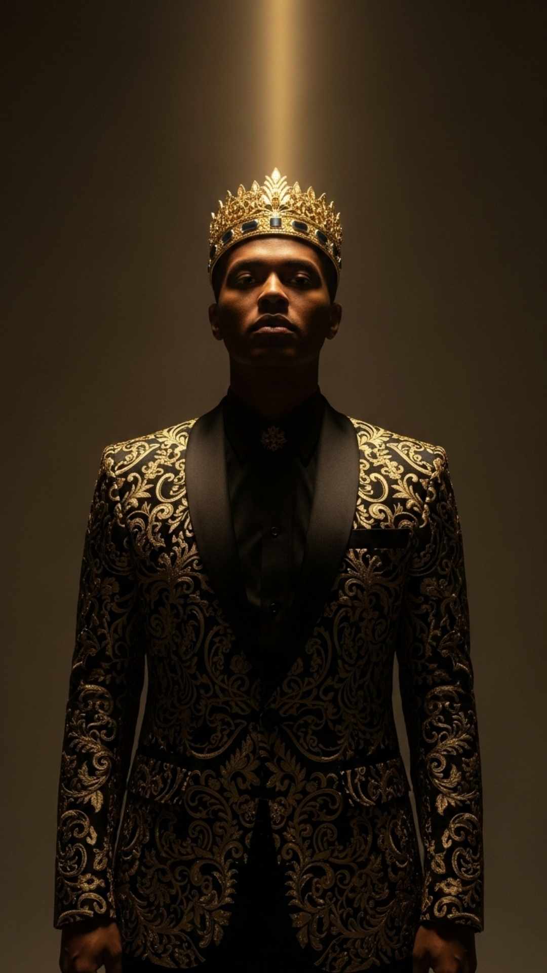 A cinematic portrait of a person in an elegant gold-embroidered blazer, highlighted by a single beam of golden light to project a regal and authoritative attitude.