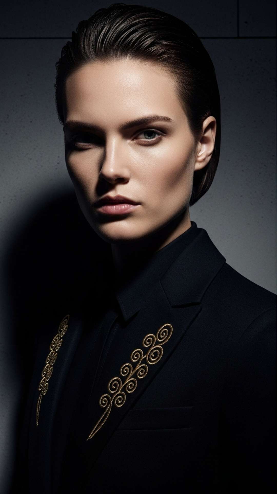 A royal and powerful-looking person in a dark suit with gold embroidery, captured in a dramatic, minimalist portrait to represent a sophisticated attitude