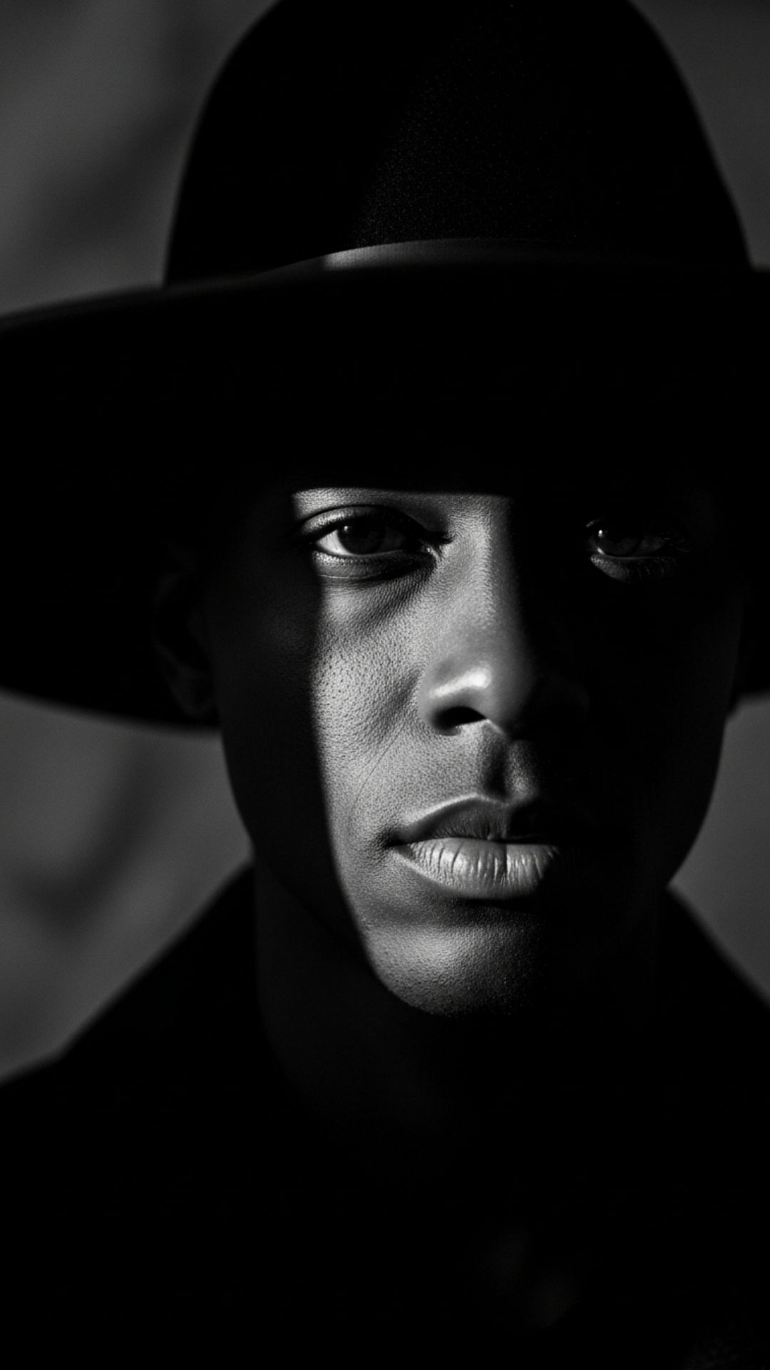 A high-contrast, black-and-white photo of a person's face, with most of it in shadow from a wide-brimmed hat, highlighting one determined eye to convey a secretive and powerful attitude.