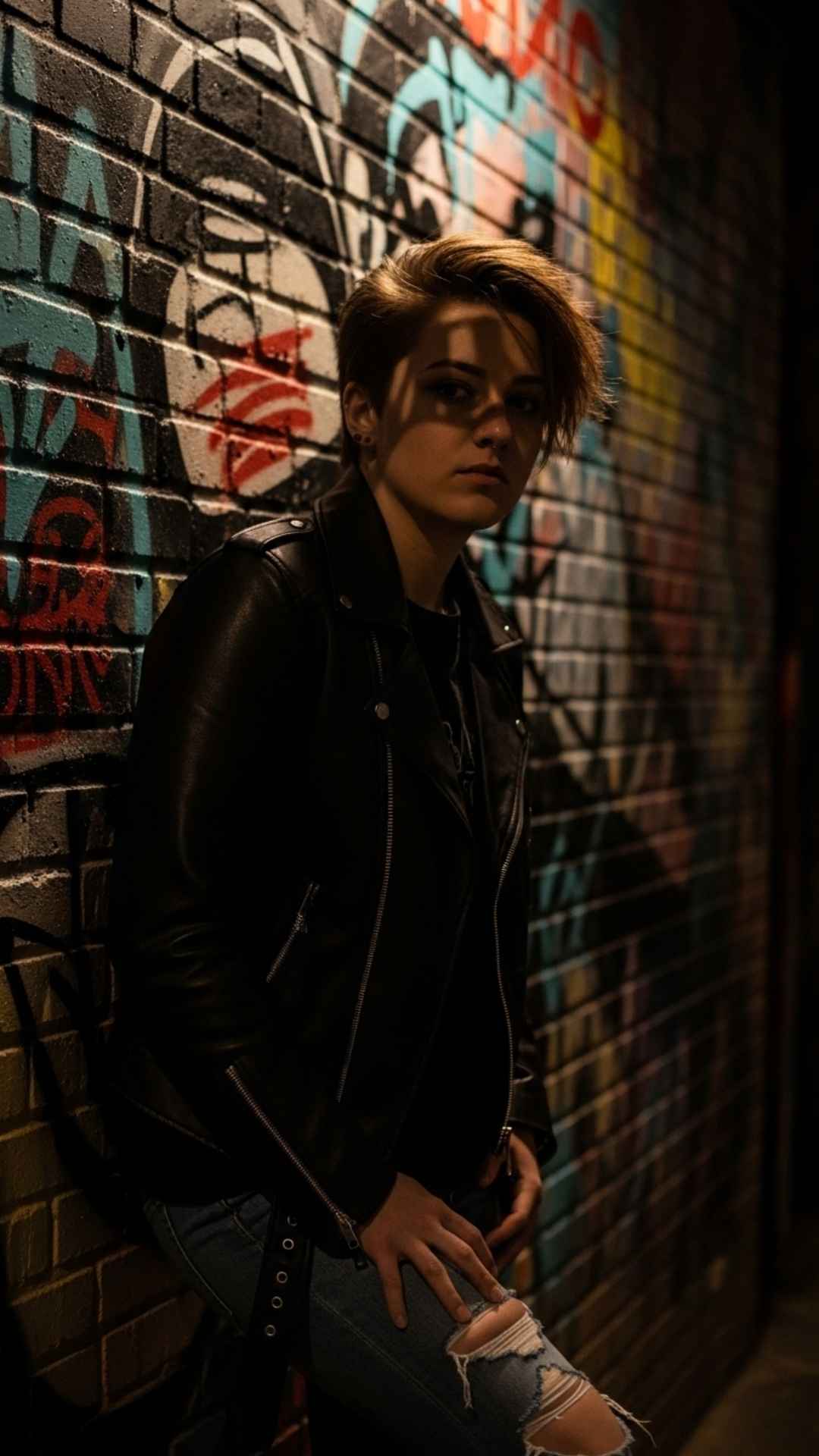 A high-contrast photo of a person in a black leather jacket standing against a graffiti-covered brick wall, conveying a rebellious and edgy "bad boy" attitude.