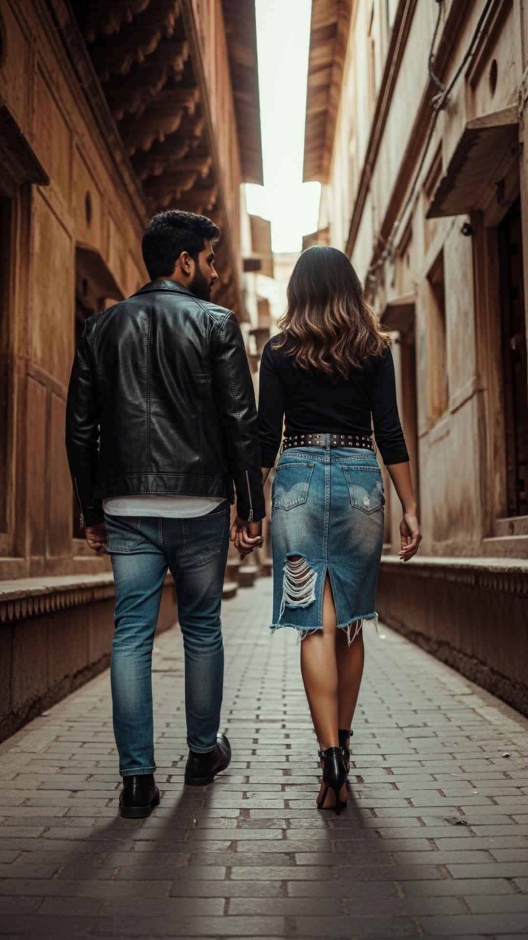 Attitude Indian couple in edgy attire in historic alley.