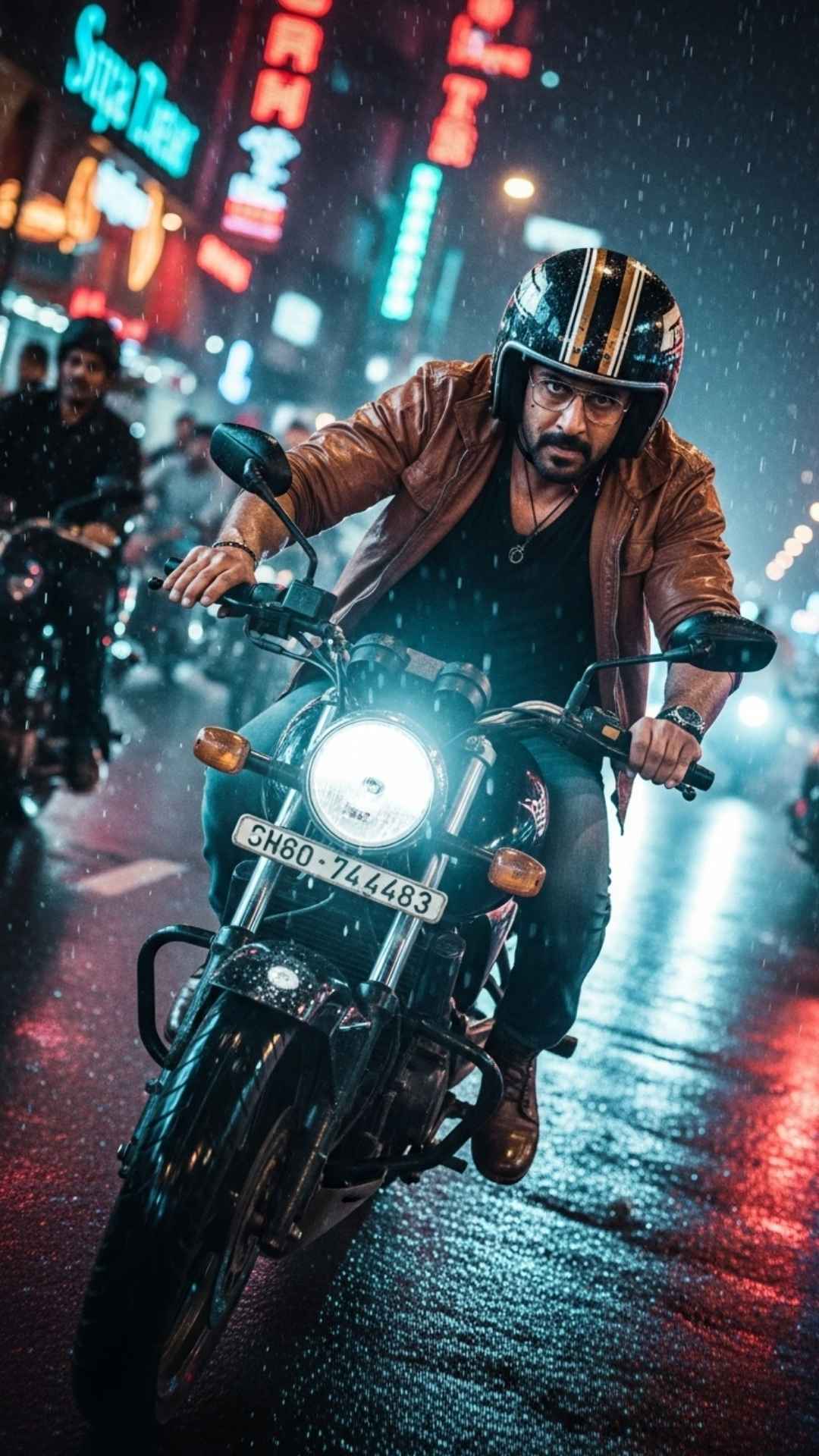 A 4K wallpaper of a Bollywood action hero in a high-speed motorcycle chase scene at night - Bollywood Actor Wallpaper | Majekfilms.com