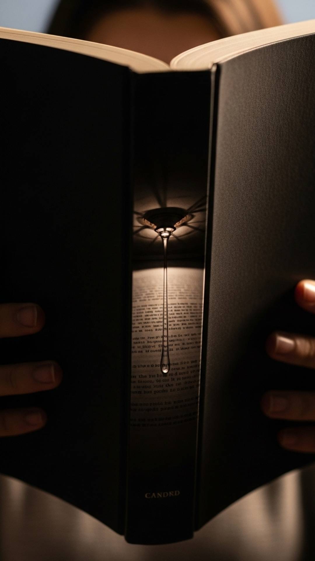 Person's face hidden by a book, single tear falling onto page, conveying pensive sadness. Sad DP, book, hidden emotion