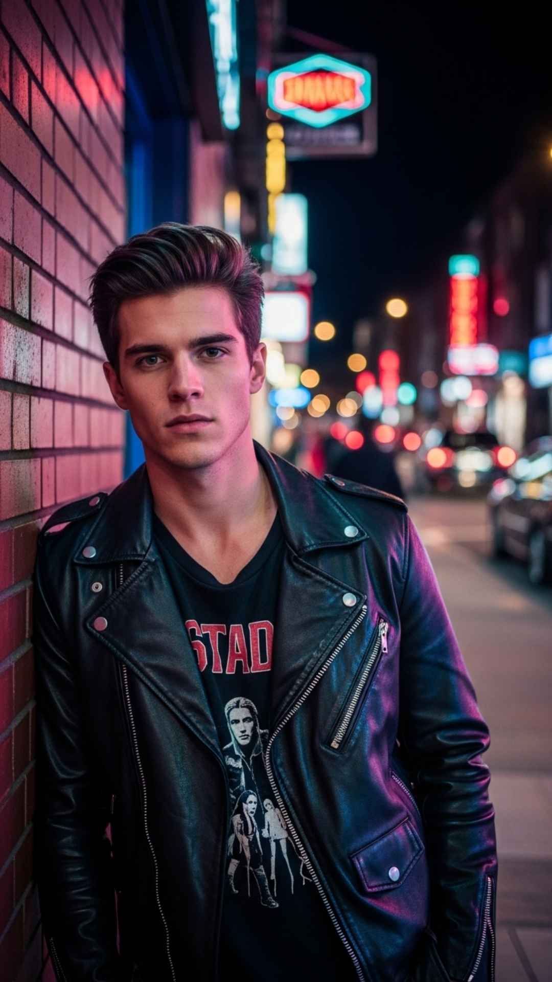 High-resolution attitude style photo of a young man in a leather jacket leaning against a brick wall on a neon-lit city street at night