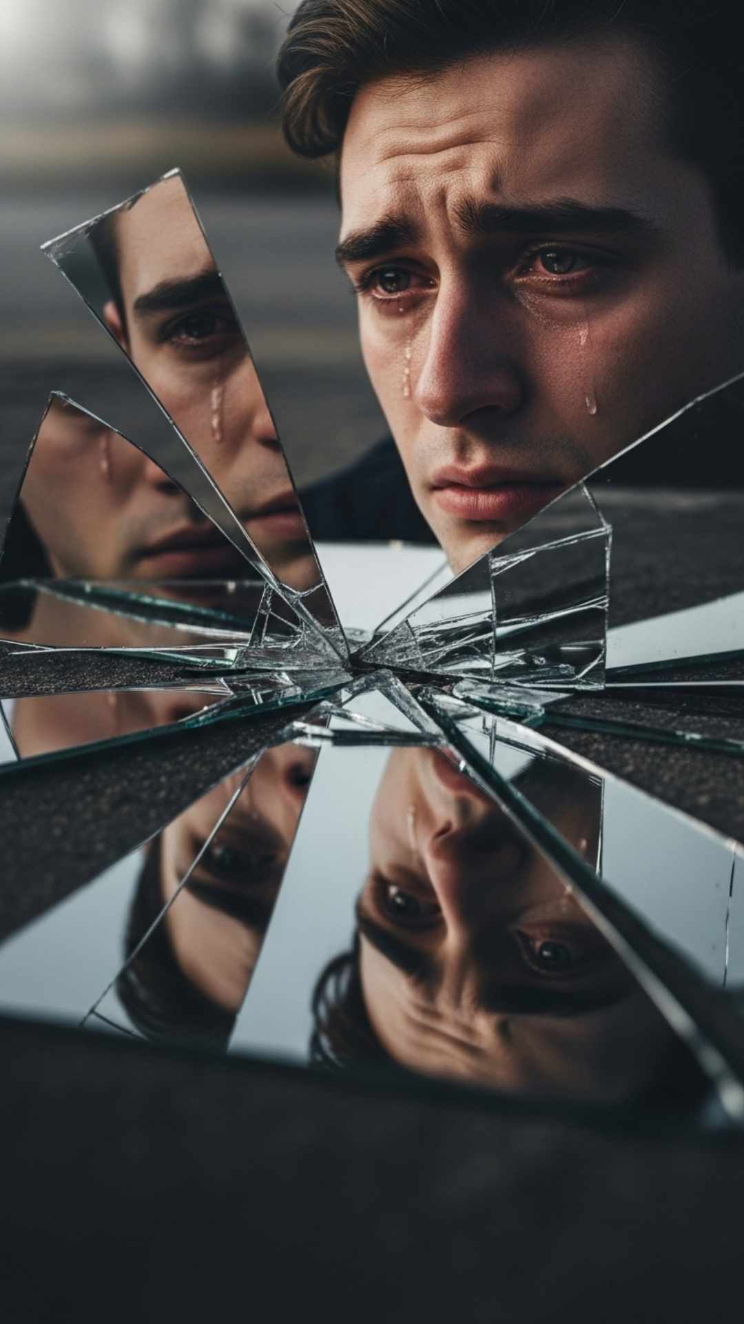 Broken heart DP showing a boy's sad face reflected in a shattered mirror.