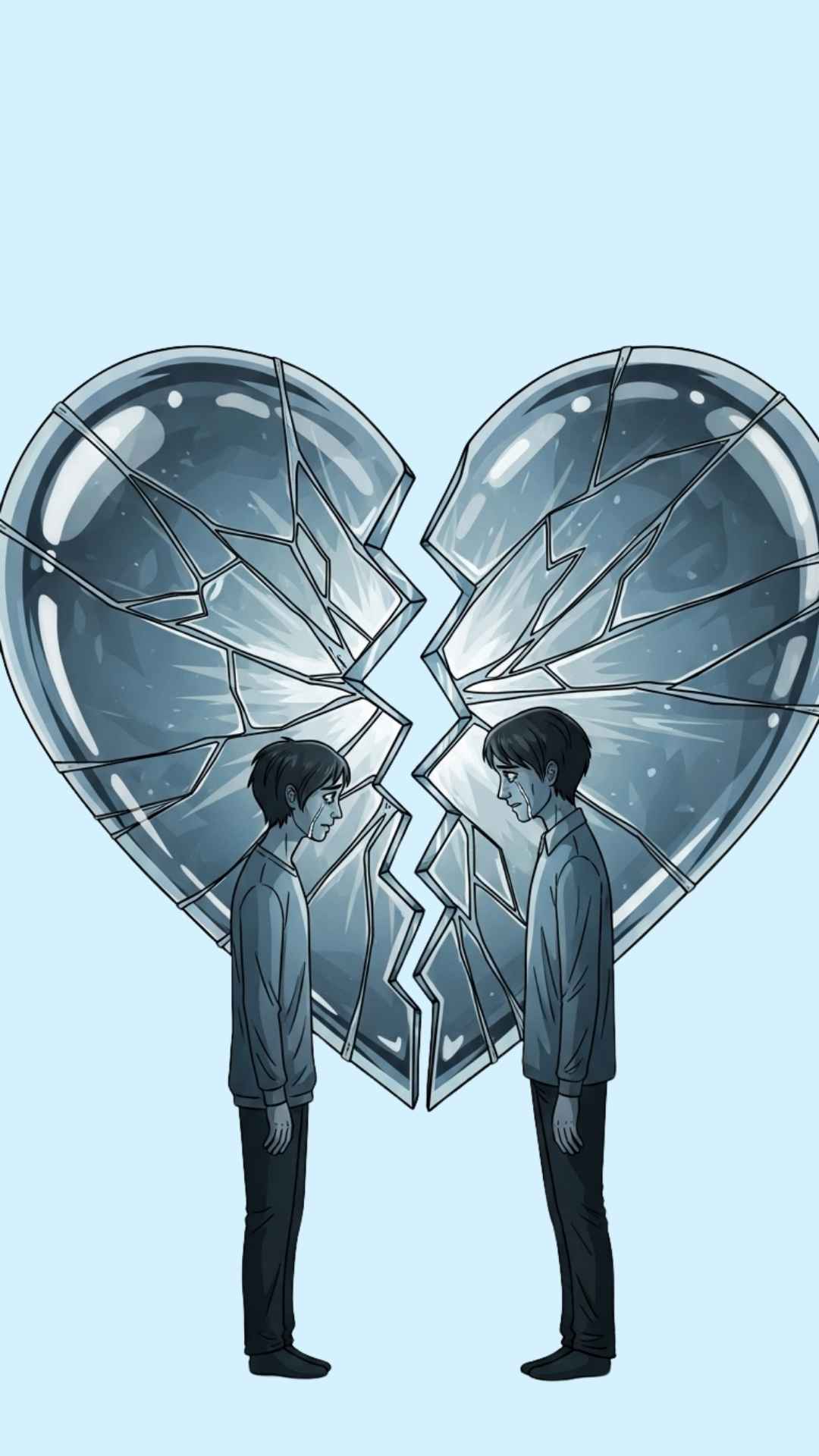 An illustration of two people on a cracked glass heart, looking at each other with sadness.