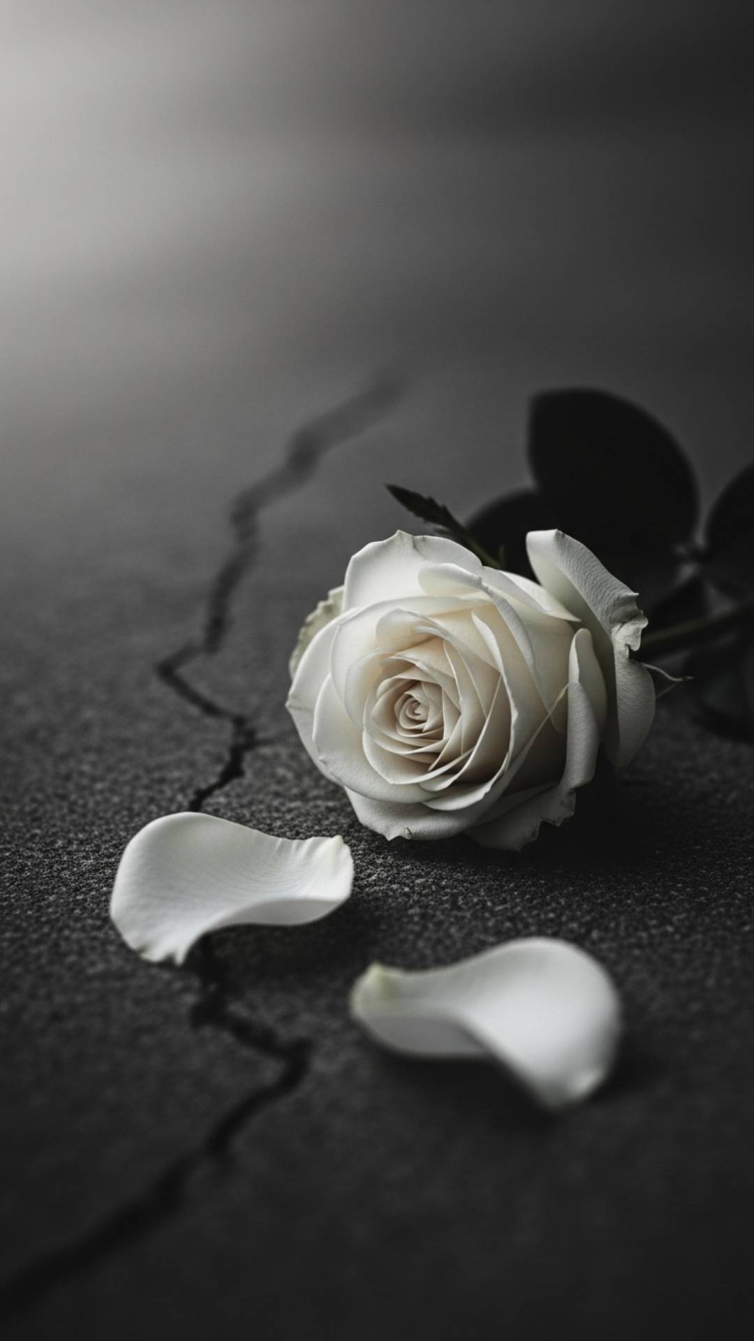 A symbolic sad and broken heart DP of a single white rose lying on a cracked surface, expressing feelings of loss.