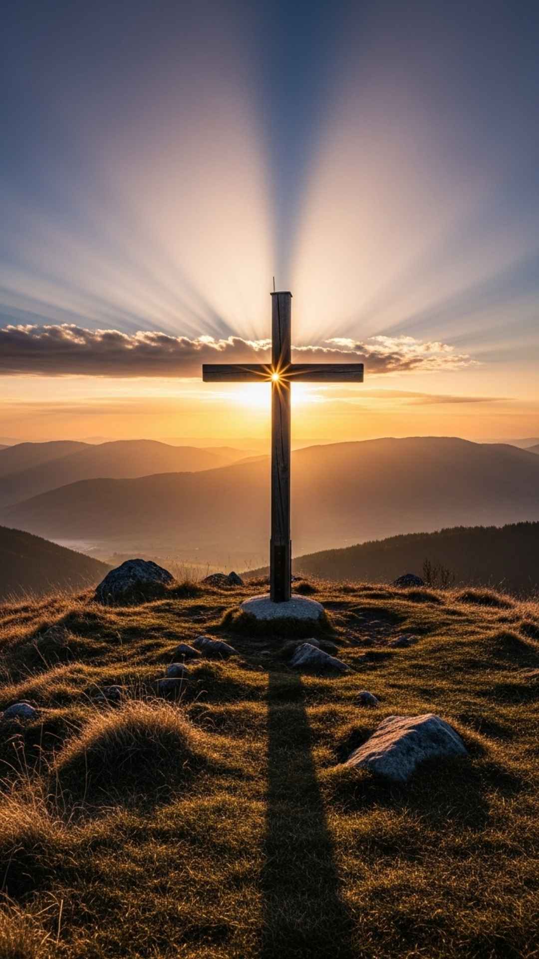 Christian religious DP of a wooden cross on a hill with divine light from the sunrise
