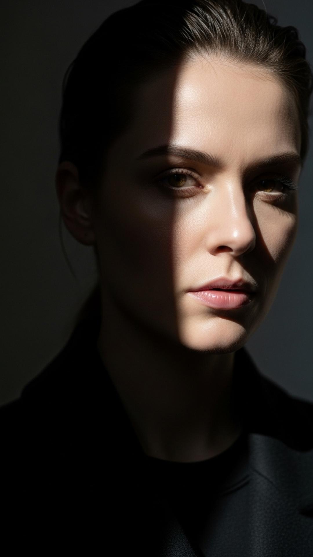 A cinematic portrait of a face dramatically lit from the side, showcasing how side lighting creates depth, shadow, and emotional impact in a photo.