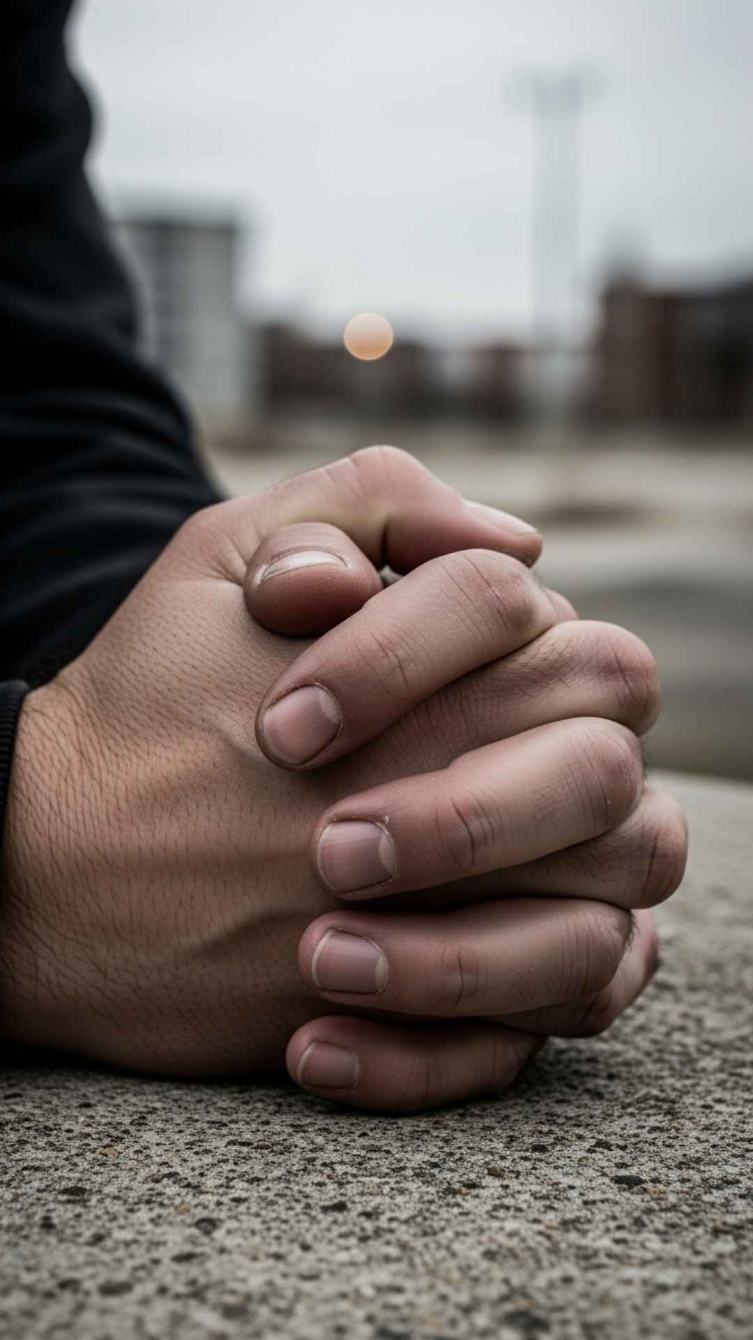 Close-up of person's clasped hands on concrete, conveying quiet despair and urban desolation. Sad DP, introspective, hands