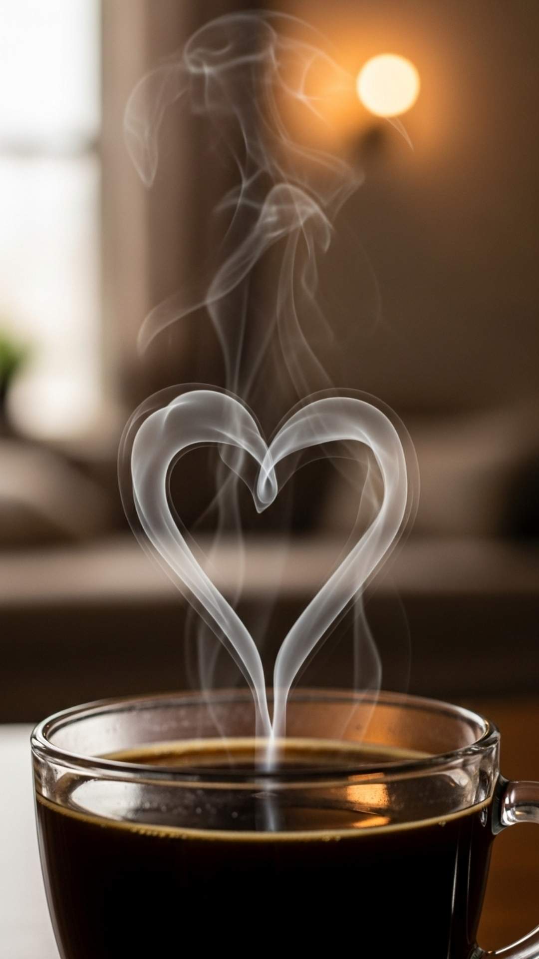 A delicate heart shape formed by steam rising from a cup of coffee