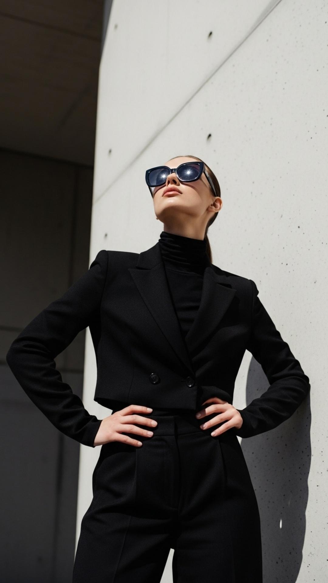 A stylish girl wearing sunglasses, shot from a low angle to create a powerful and cool attitude profile picture for girls.