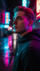 Cool WhatsApp DP for boys featuring a young man in a hoodie, illuminated by blue and pink neon lights in a rainy city alley