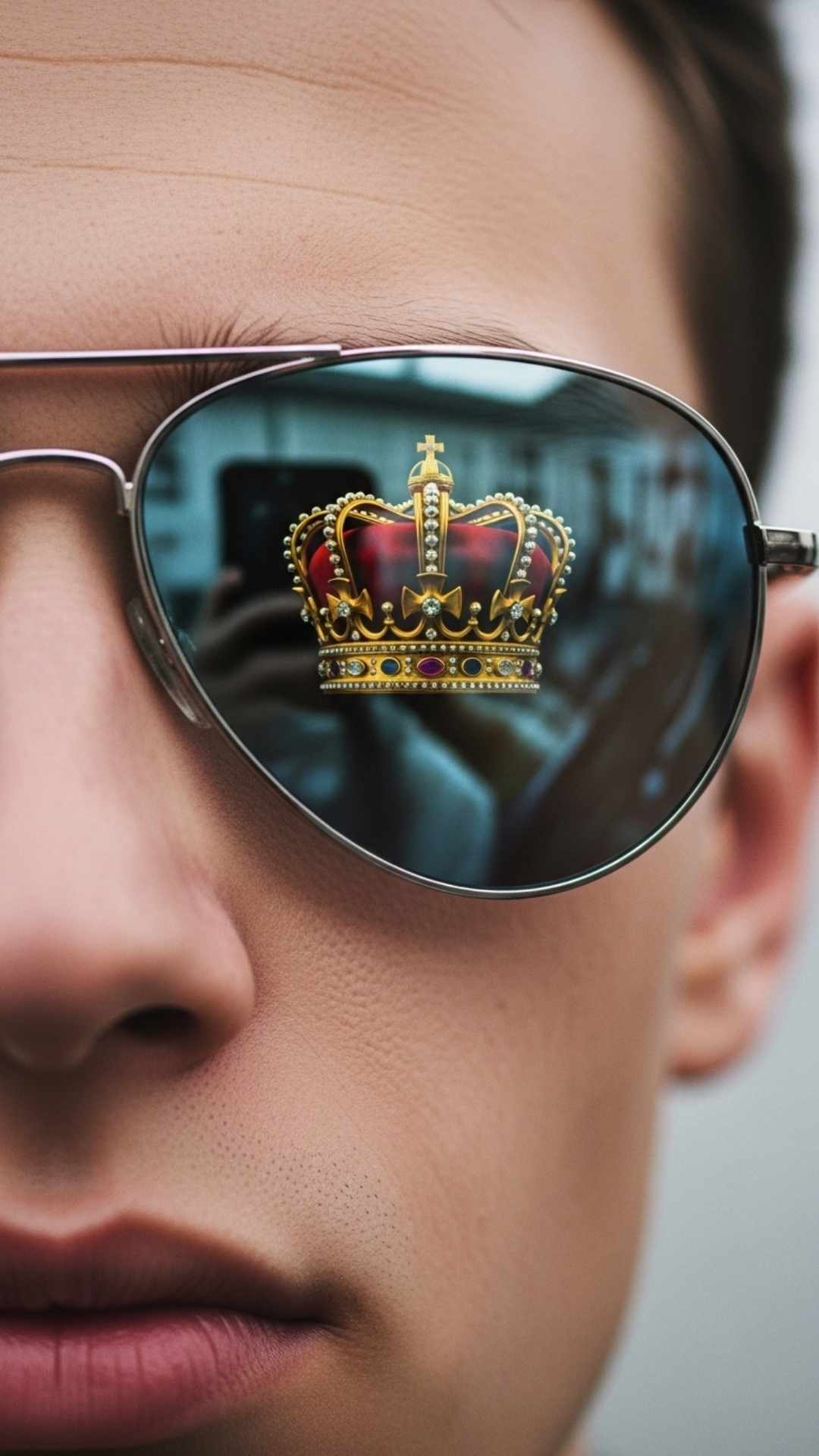 Cool WhatsApp DP with a crown reflected in a boy's sunglasses.