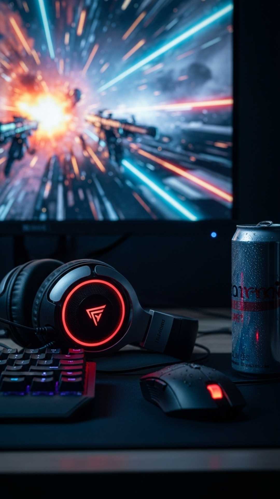 Cool gaming WhatsApp DP showing neon headphones, a keyboard, and an energy drink during an intense game session