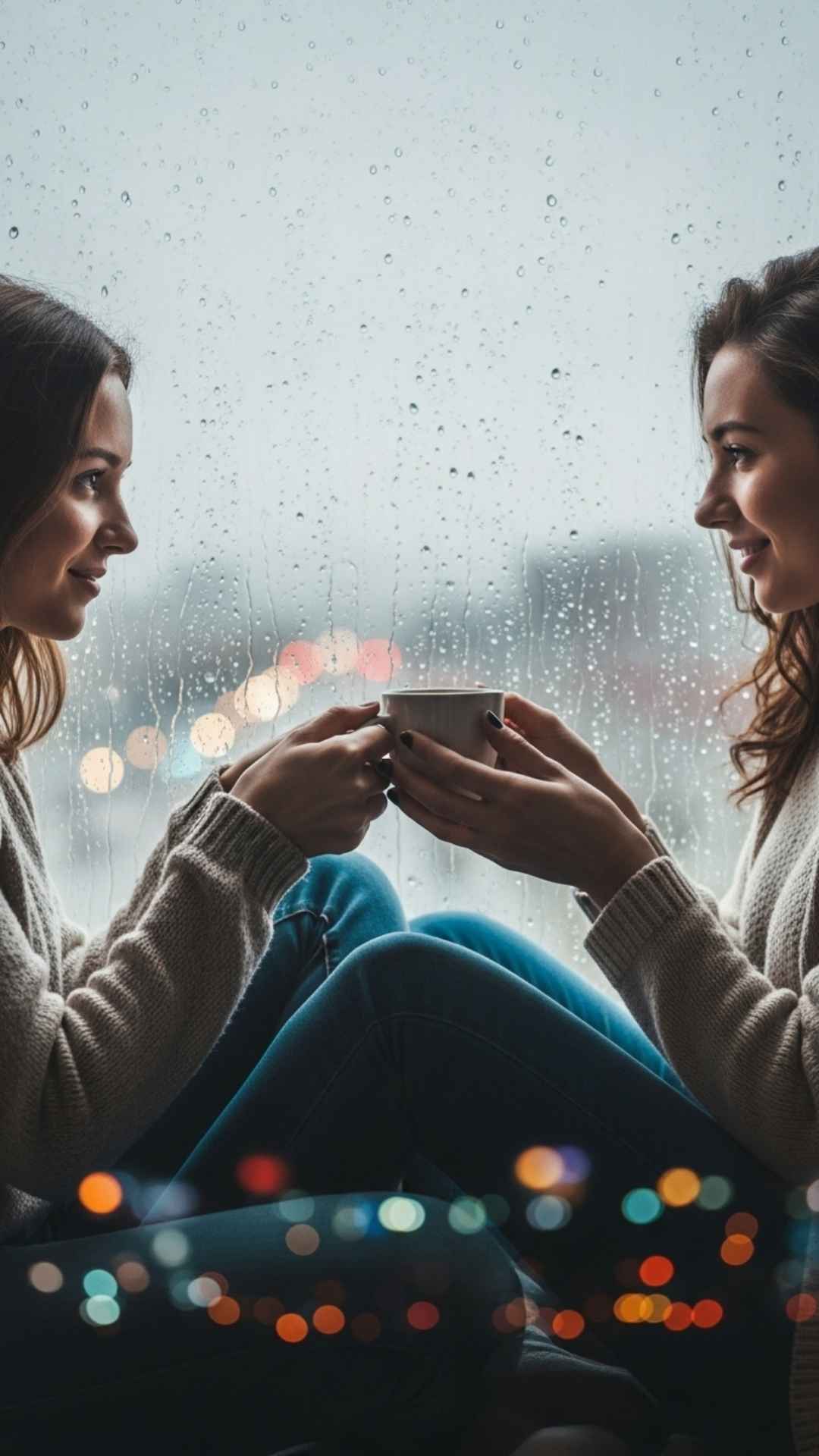 A couple sharing a cozy, romantic moment with a cup of coffee while watching the rain through a window.