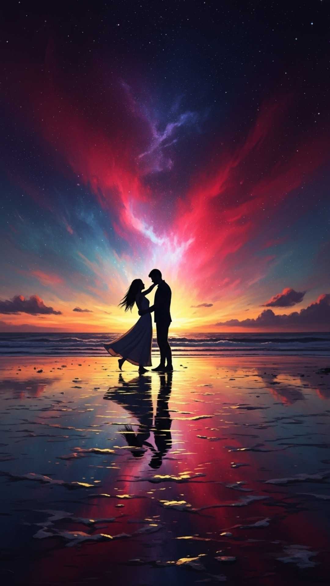 Artistic digital painting of a couple dancing on a beach, silhouetted against a cosmic-colored sunset with reflections on the sand.