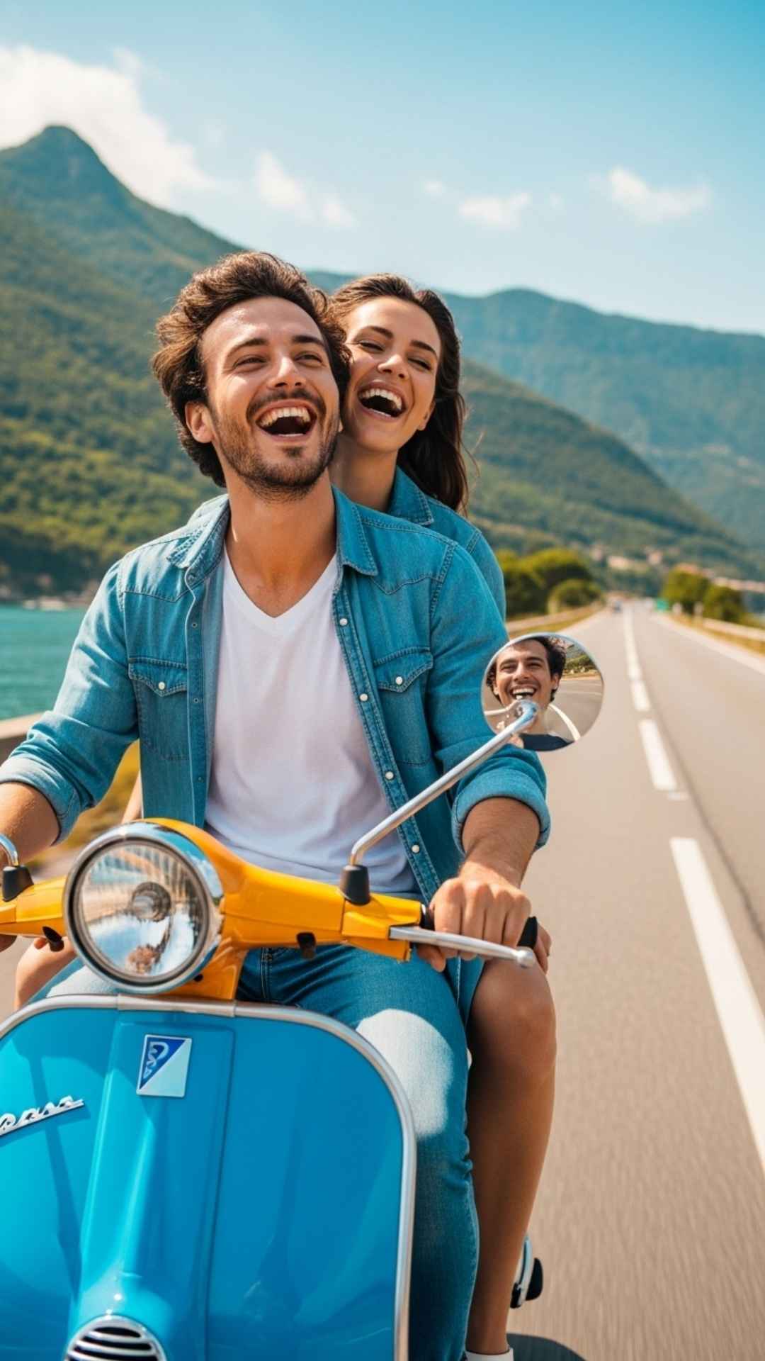 A happy couple laughing while riding a scooter on a scenic coastal road, showcasing a fun, adventurous, and lighthearted relationship.