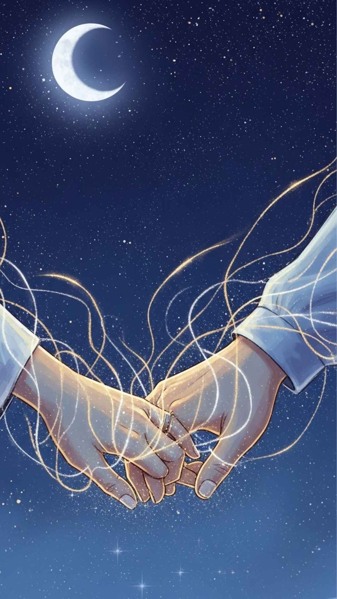 A fantasy illustration of a couple's hands connected by glowing threads of light under a starry night sky