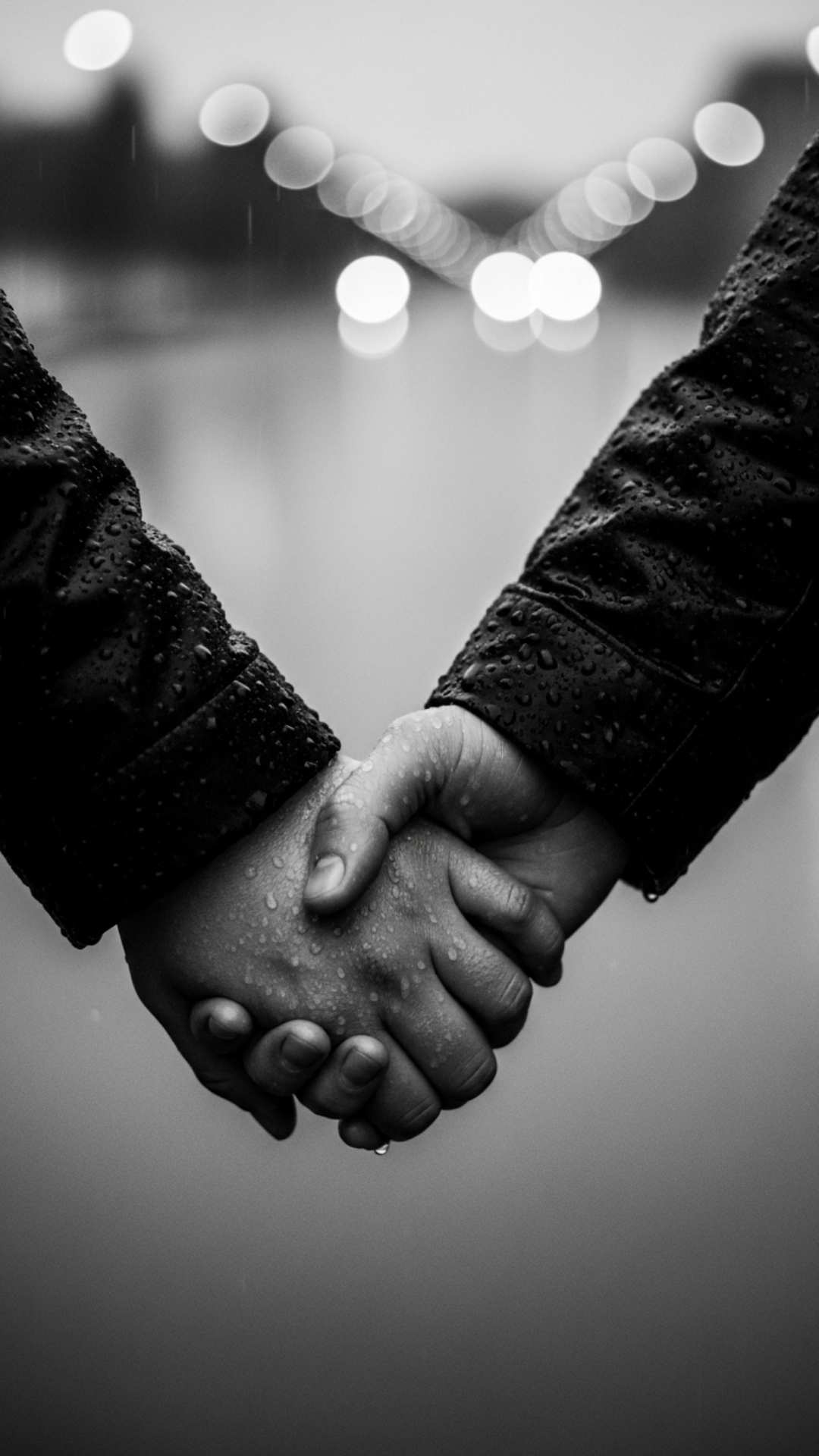 A black and white photo of a couple's hands clasped together, with raindrops visible on their skin