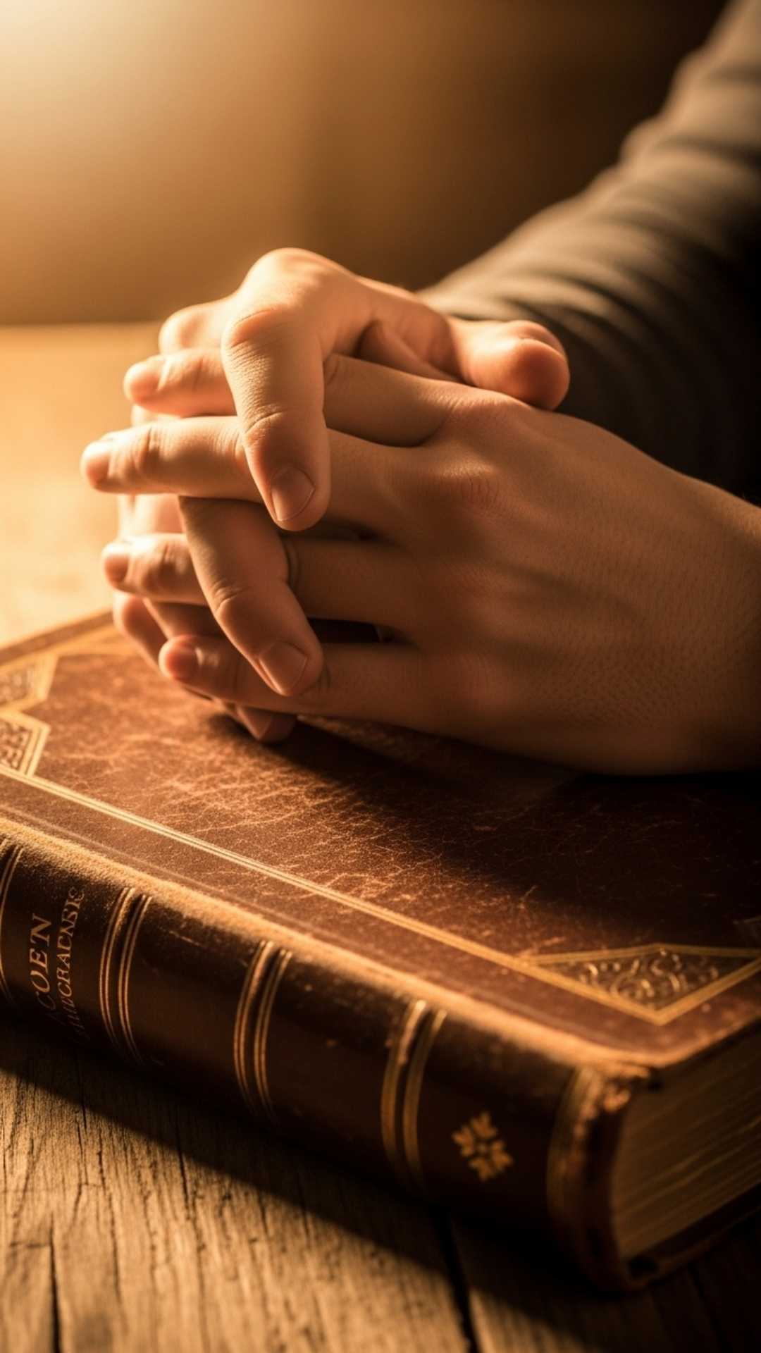 A couple's hands intertwined, resting on a leather-bound book in warm, golden light.