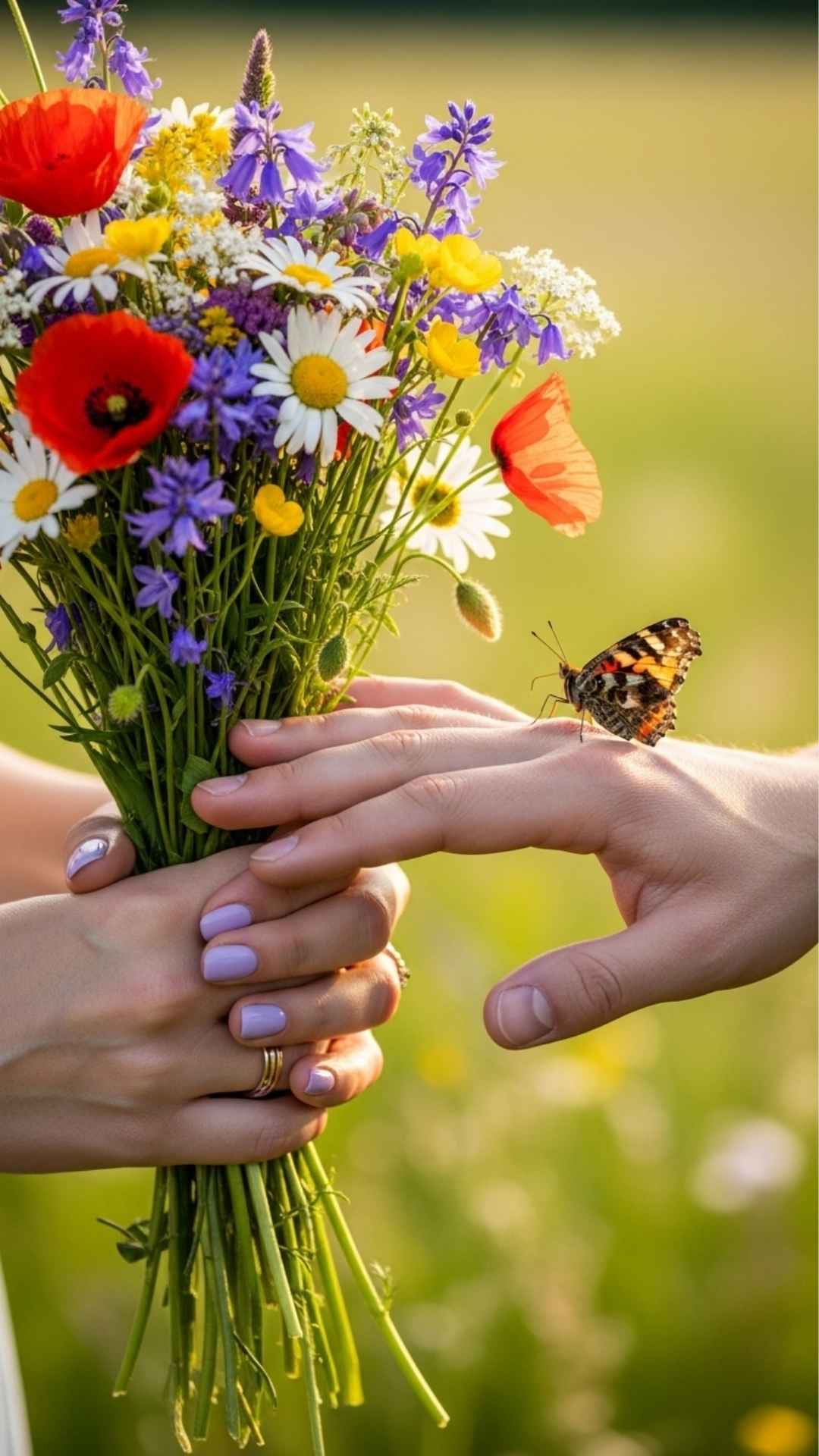 A couple's hands holding a vibrant bouquet of wildflowers with a butterfly on one hand