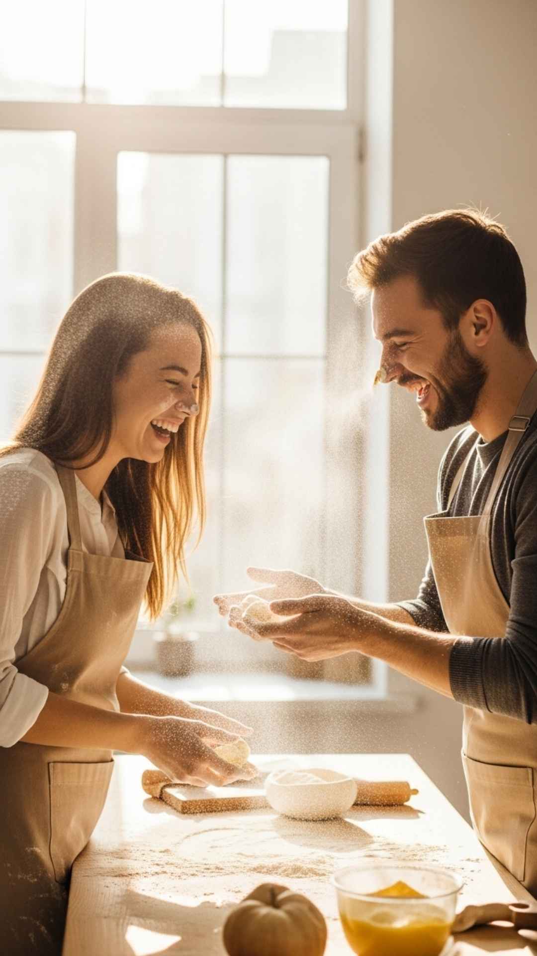 A joyful couple laughing together during a playful flour fight in a sunny kitchen, capturing a candid moment of fun and sweetness.