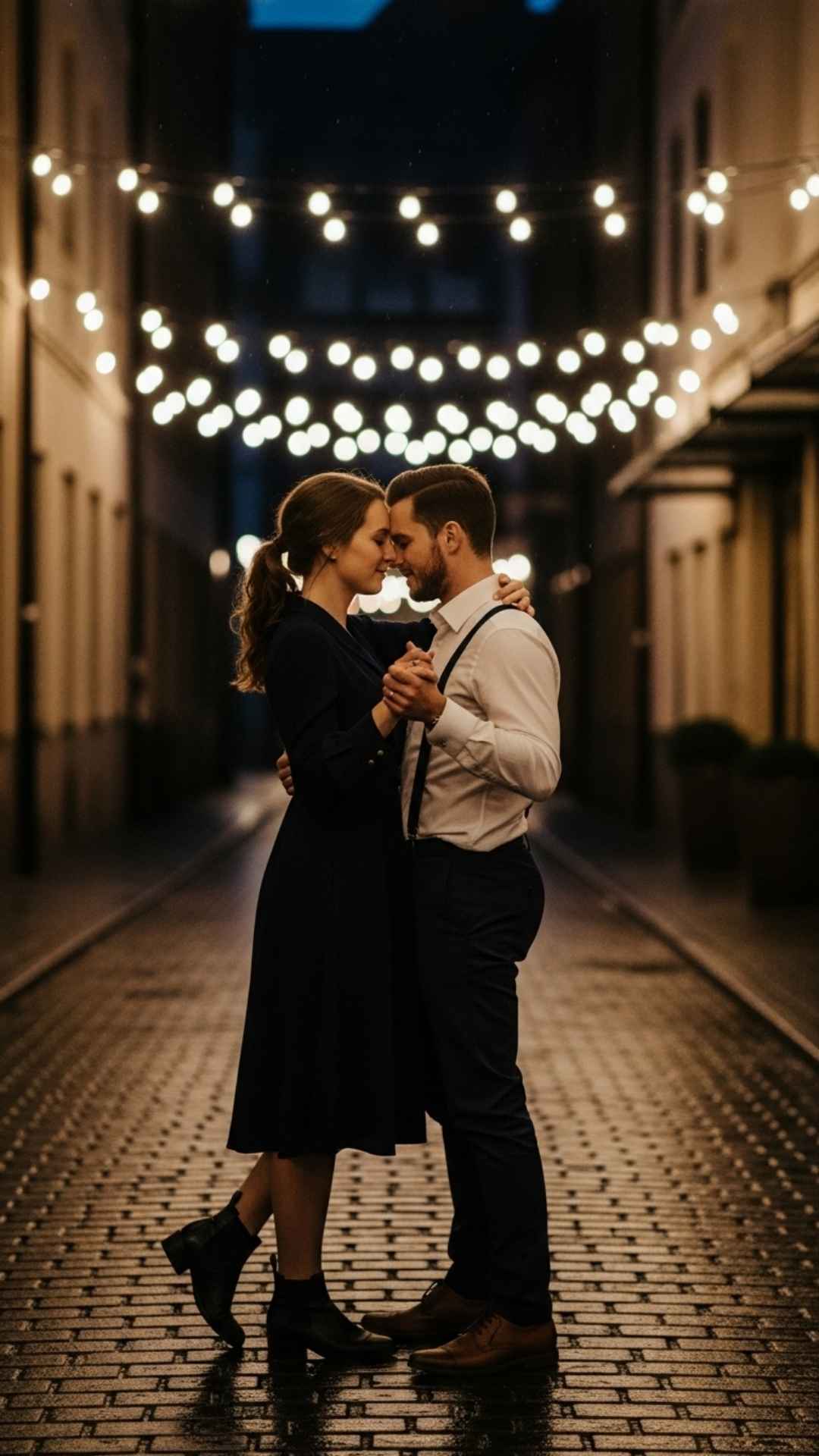 A couple sharing a romantic slow dance at night under string lights in a charming cobblestone alleyway.