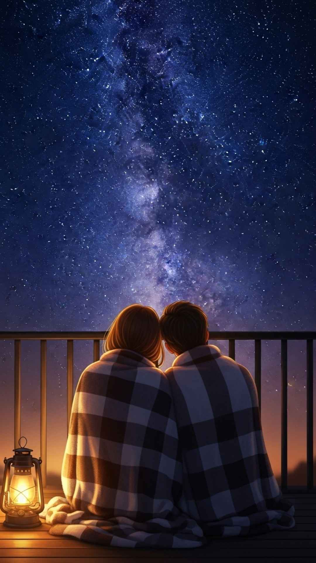 A romantic couple wrapped in a blanket, stargazing at the Milky Way from a balcony at night, creating a magical atmosphere.
