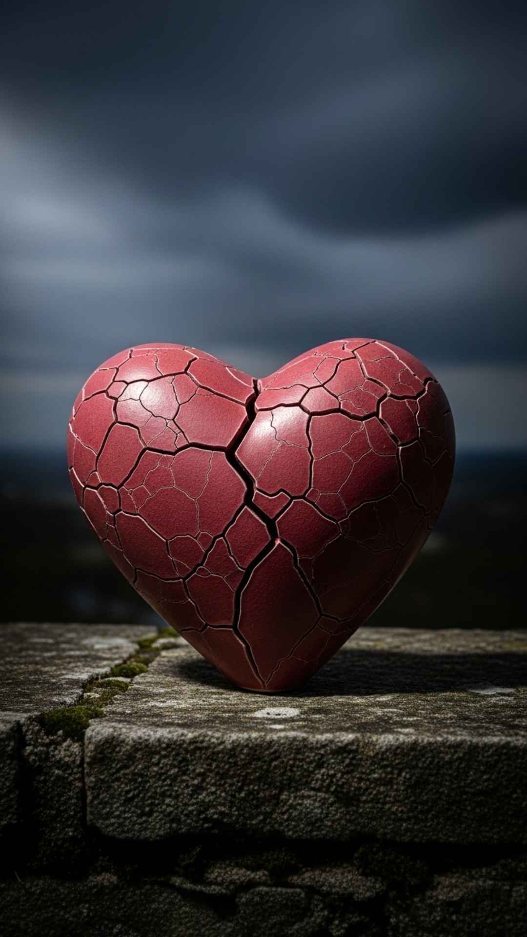 Cracked ceramic heart sculpture on stone ledge, stormy sky, symbolizing a breaking heart and emotional pain. Sad DP, broken heart
