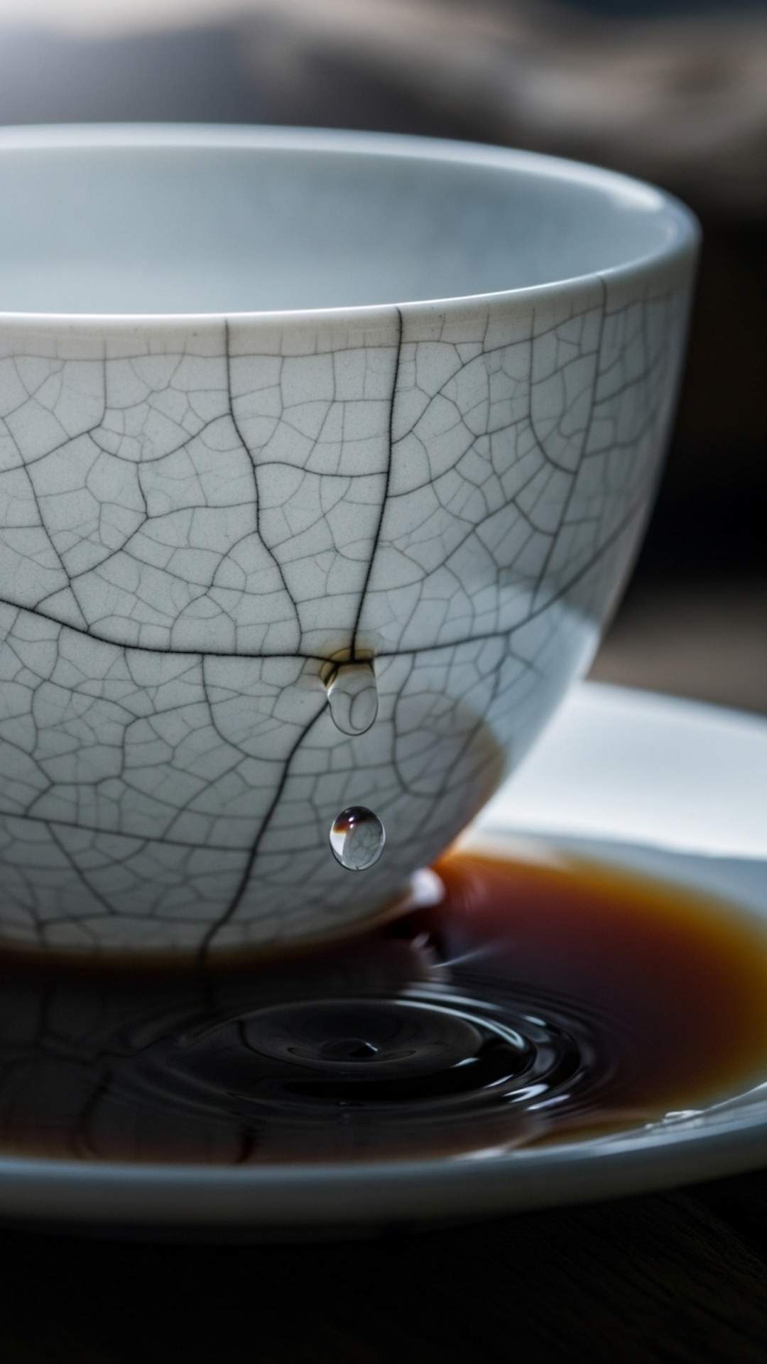 Cracked porcelain teacup with a dripping crack, symbolizing fragility, imperfection, and silent sorrow. Sad DP, cracked, delicate