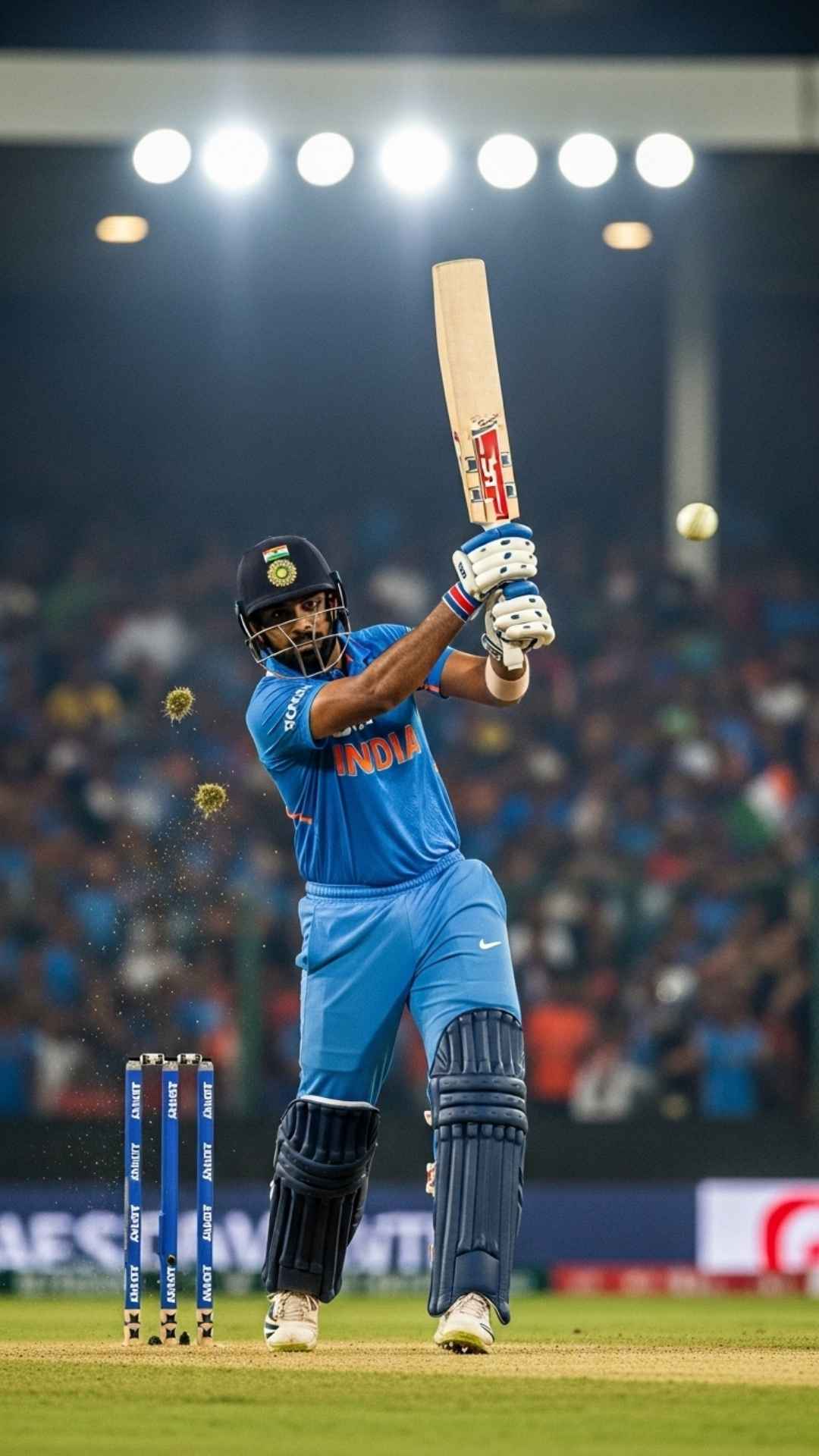 An 8K wallpaper of a star Indian cricketer hitting a powerful six in a packed stadium - Cricket Wallpaper HD | Majekfilms.com