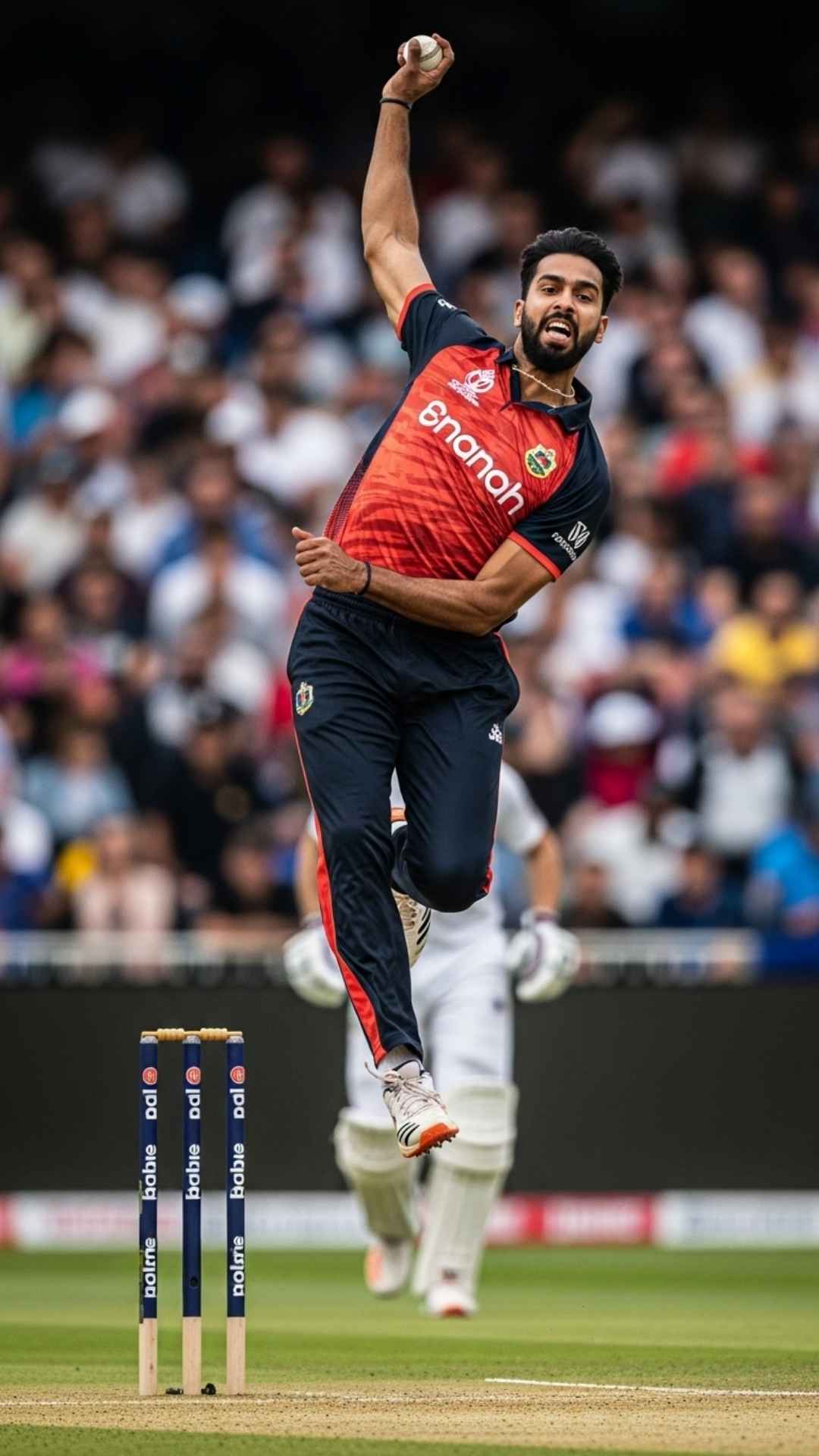 A dynamic 4K wallpaper of a fast bowler in mid-air during his bowling action in a cricket stadium - Cricket Player Wallpaper | Majekfilms.com