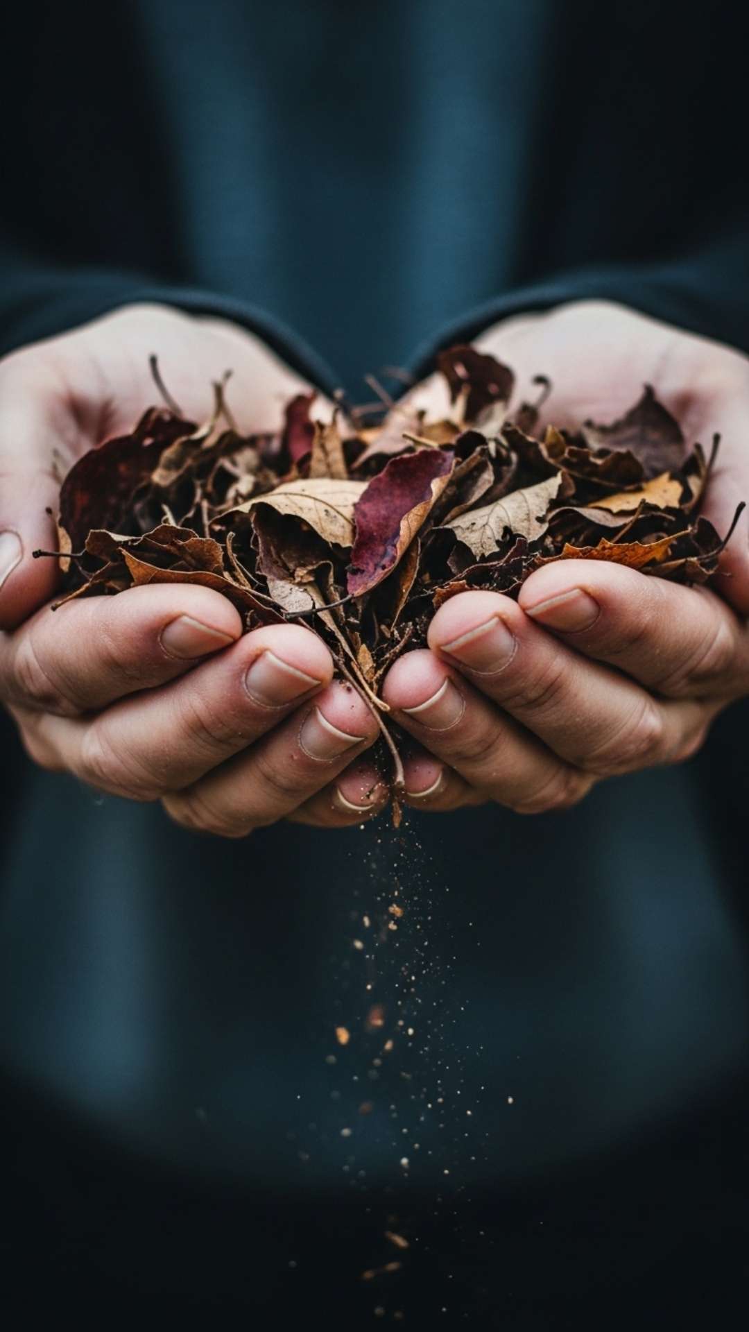 Aged hands gently holding dry, crumbling autumn leaves, symbolizing transient beauty and unspoken grief. Sad DP, fragile, natural.