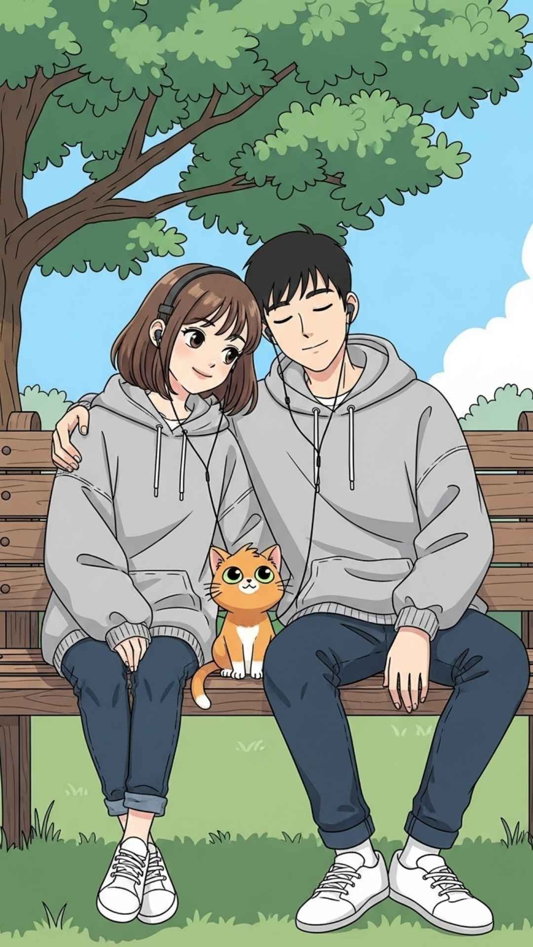 A cute cartoon couple in matching hoodies sharing headphones on a park bench with a cat.