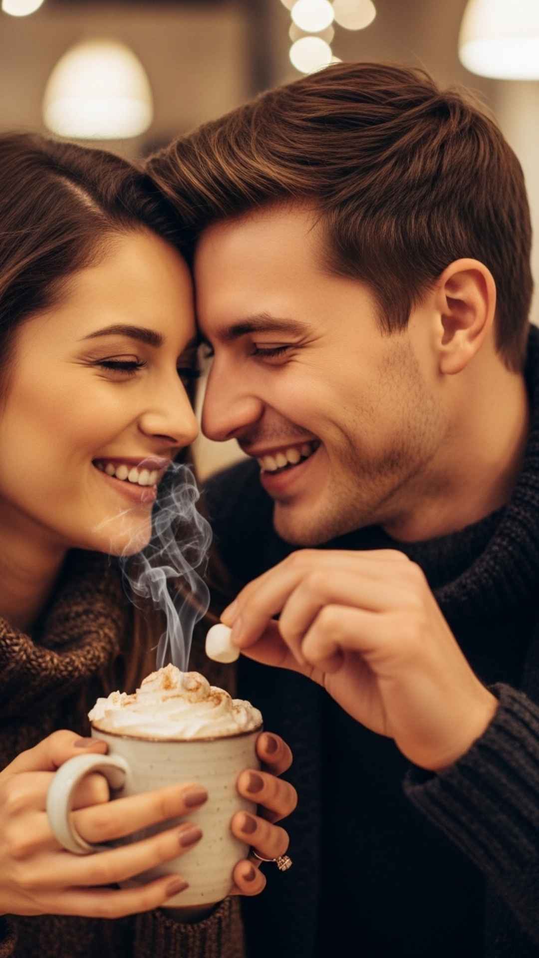 A cute couple with their foreheads touching and laughing, sharing a hot cocoa