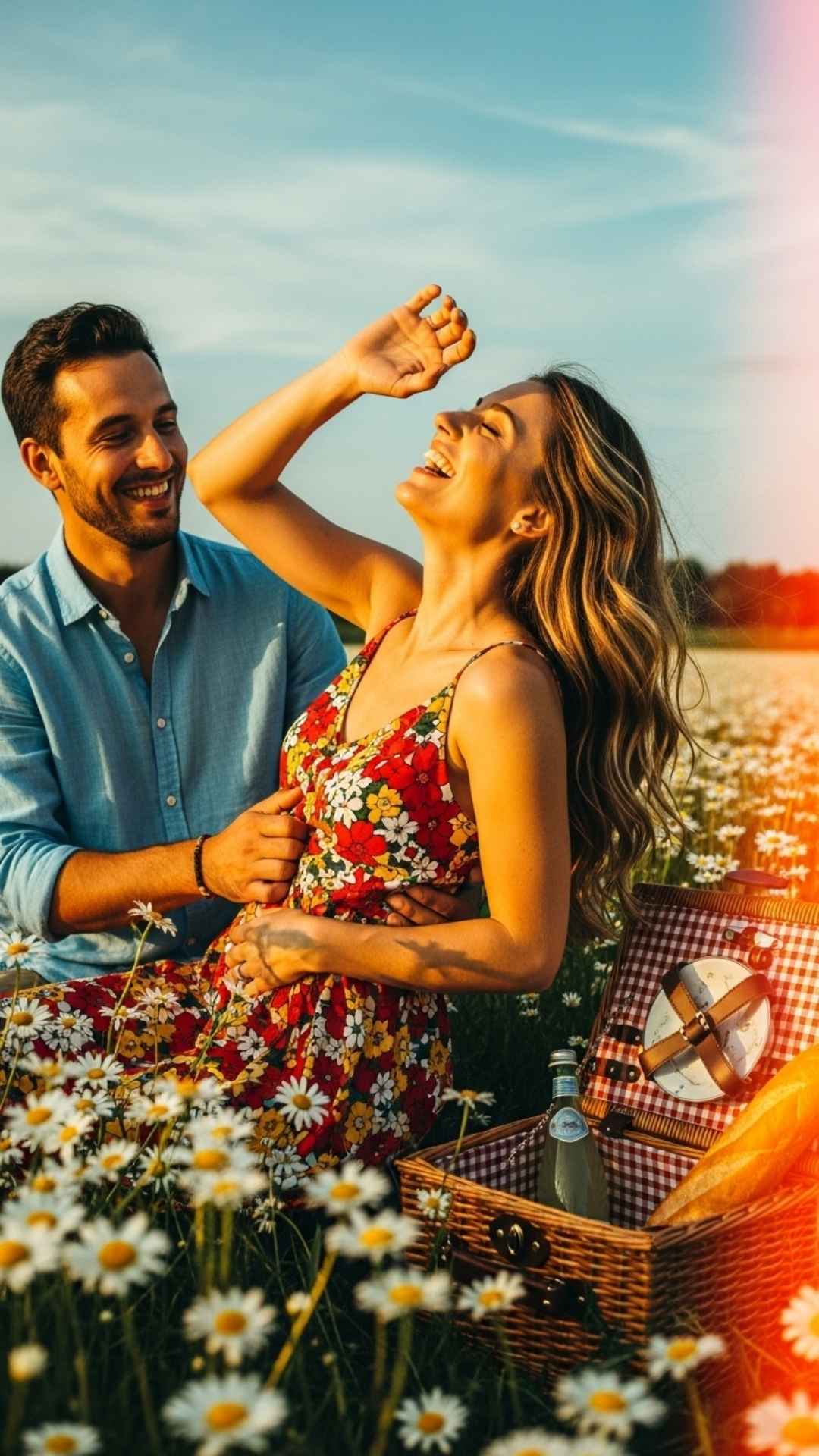 A joyful couple on a picnic blanket in a field of daisies, laughing and tickling.